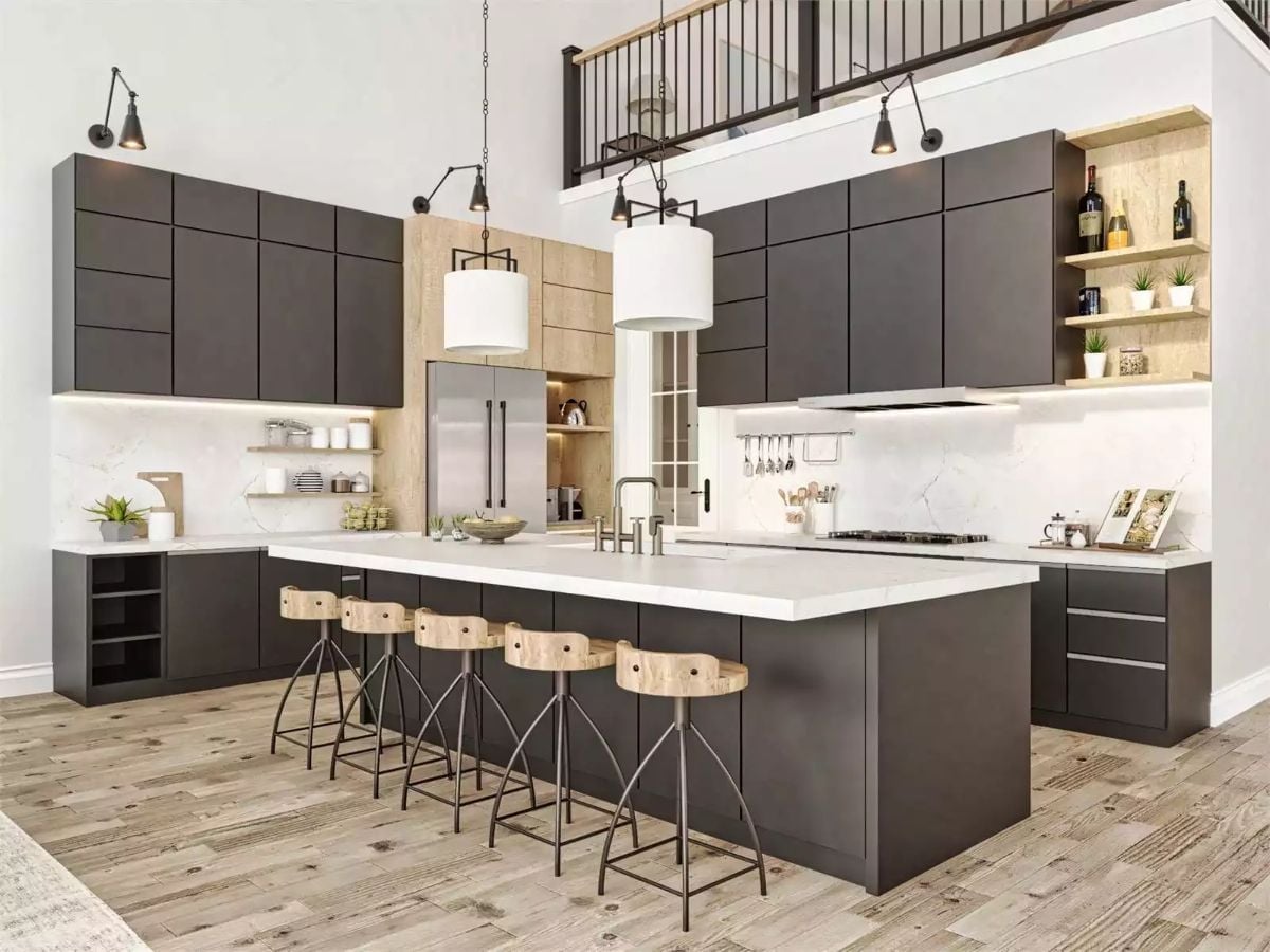 Dark Cabinets and a White Waterfall Island Find Their Balance on the Open Floor