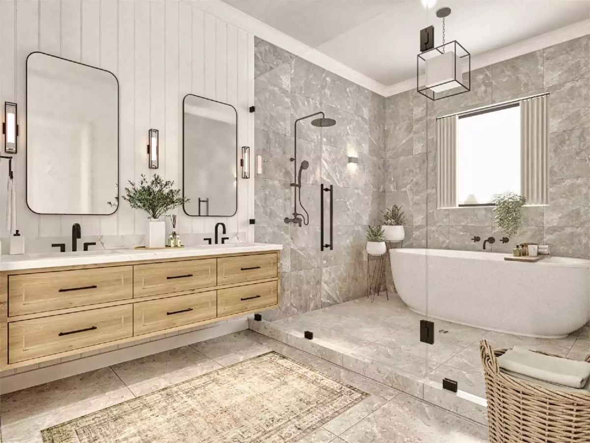 Floating Wood Vanity and Matte Black Hardware Pull a Spa Bathroom Back to Earth