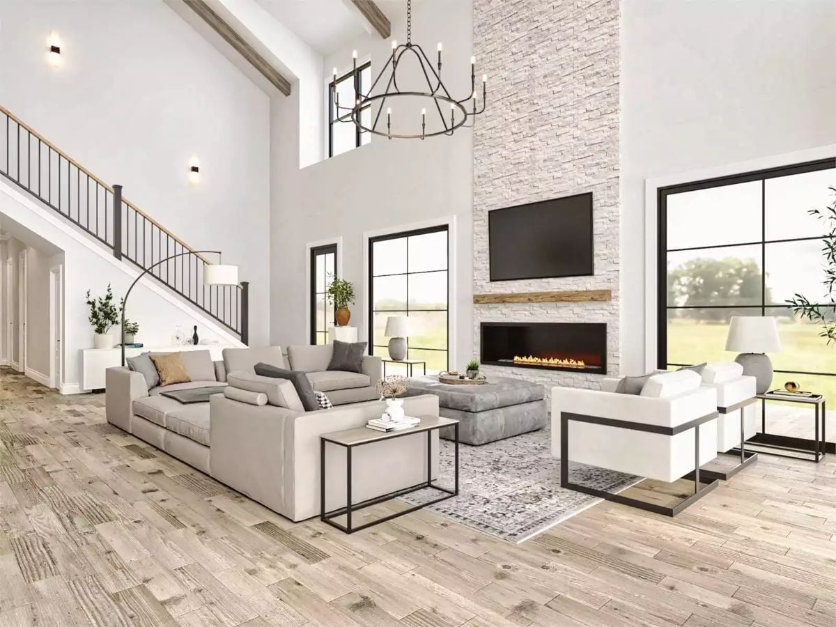 Soaring Stone Fireplace Wall Sets the Tone for Every Gathering Here