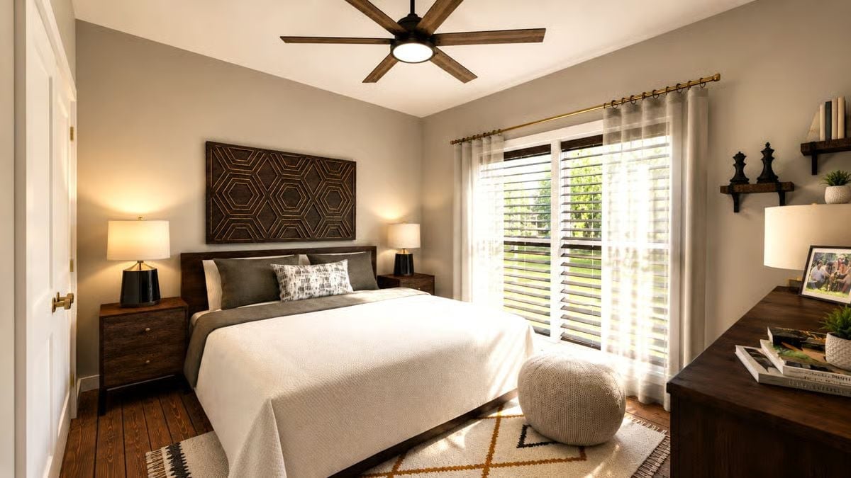 Geometric Wall Art and a Knit Pouf That Make the Bedroom Feel Collected, Not Decorated