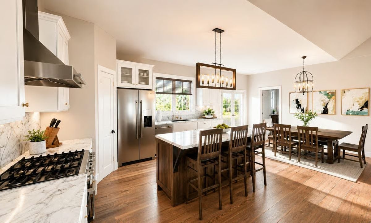 Marble Counters, Dark Wood Island, and Enough Natural Light to Skip the Overhead Fixtures