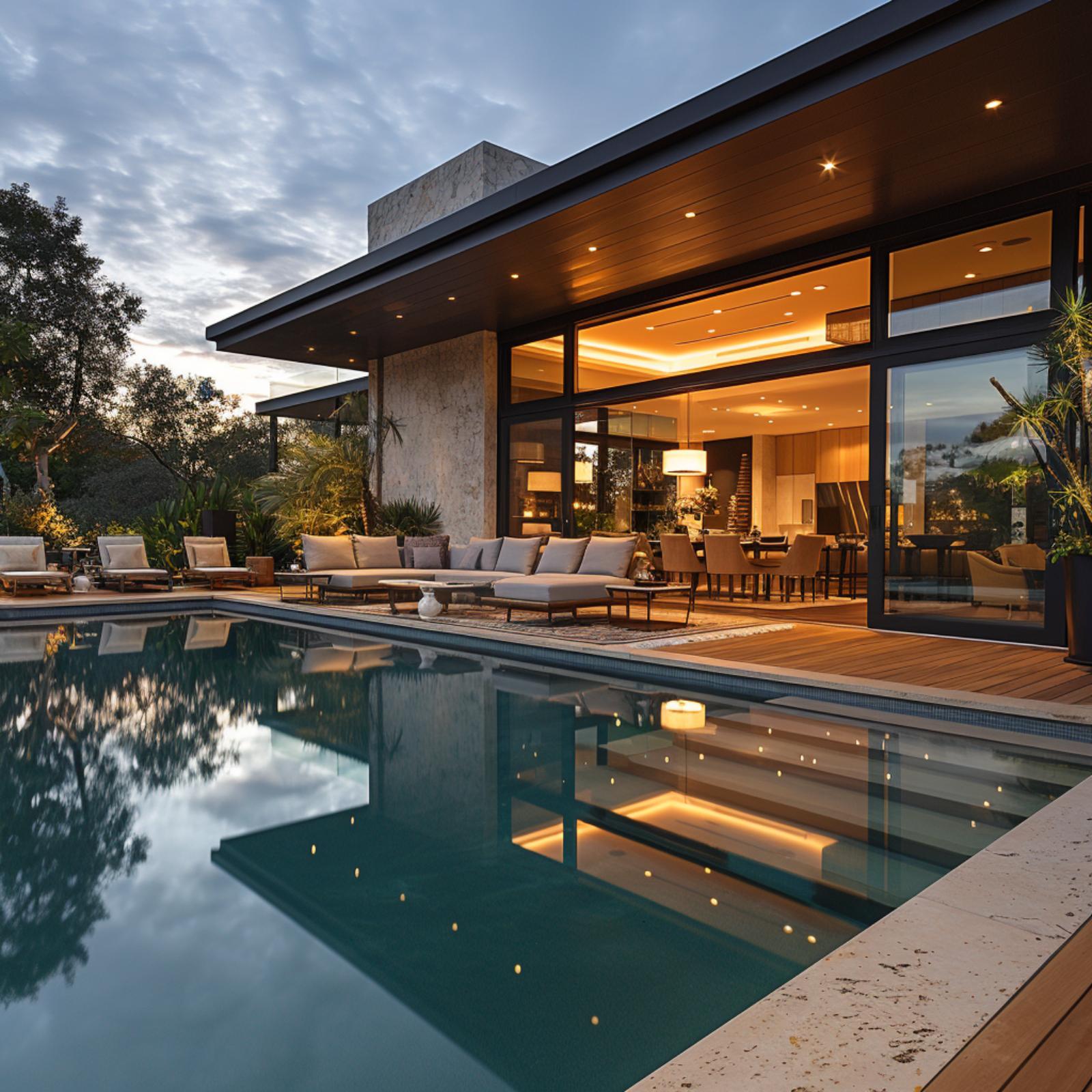 Lit From Within: Warm Wood Ceiling, Glass Walls, and a Pool Deck That Already Clocked In