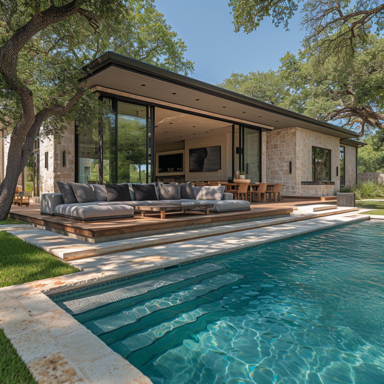Flat Roof, Glass Walls, and a Sunken Deck That Pulls the Sofa Poolside