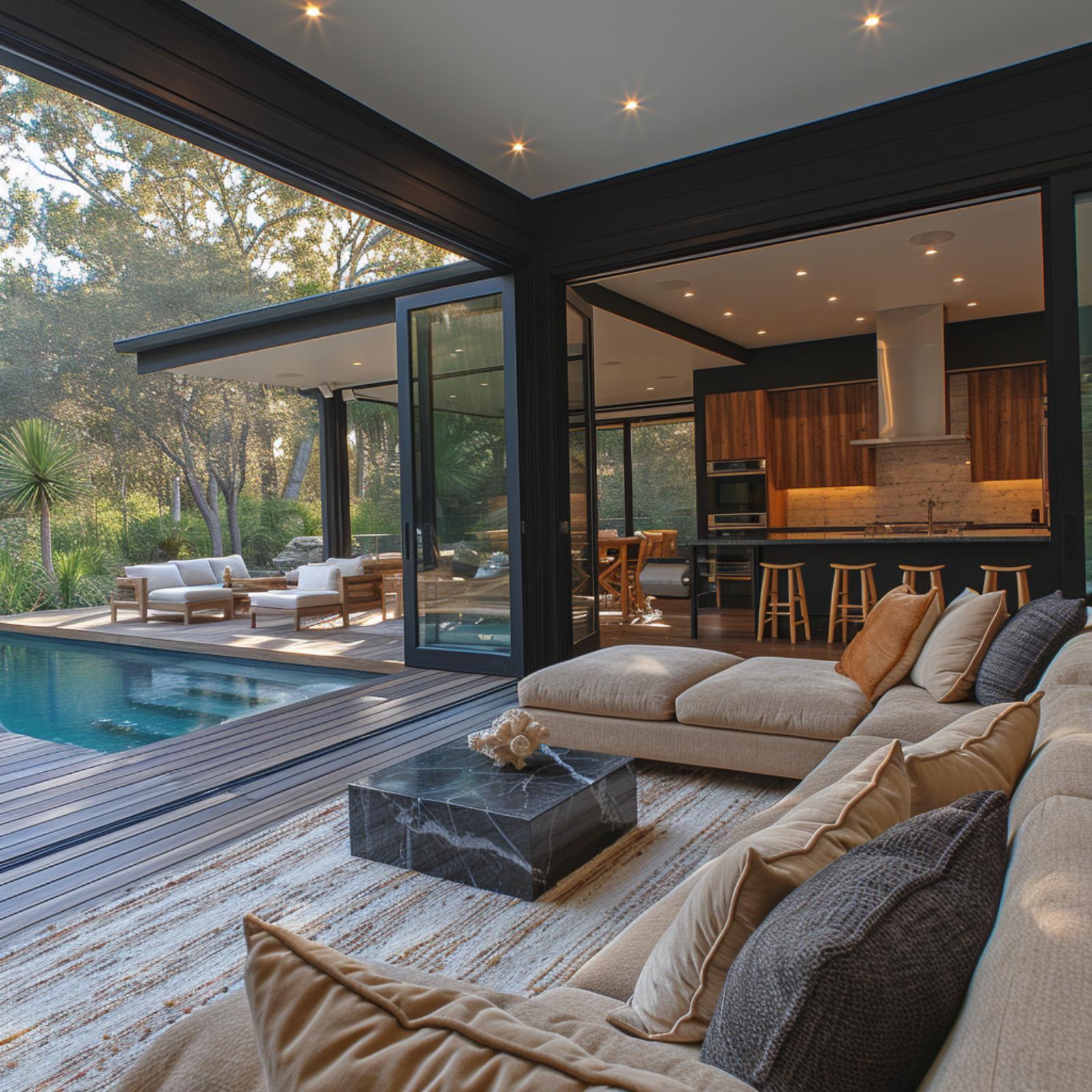 Black Frames, Marble Coffee Table, and a Pool Deck That Lives on the Interior's Terms