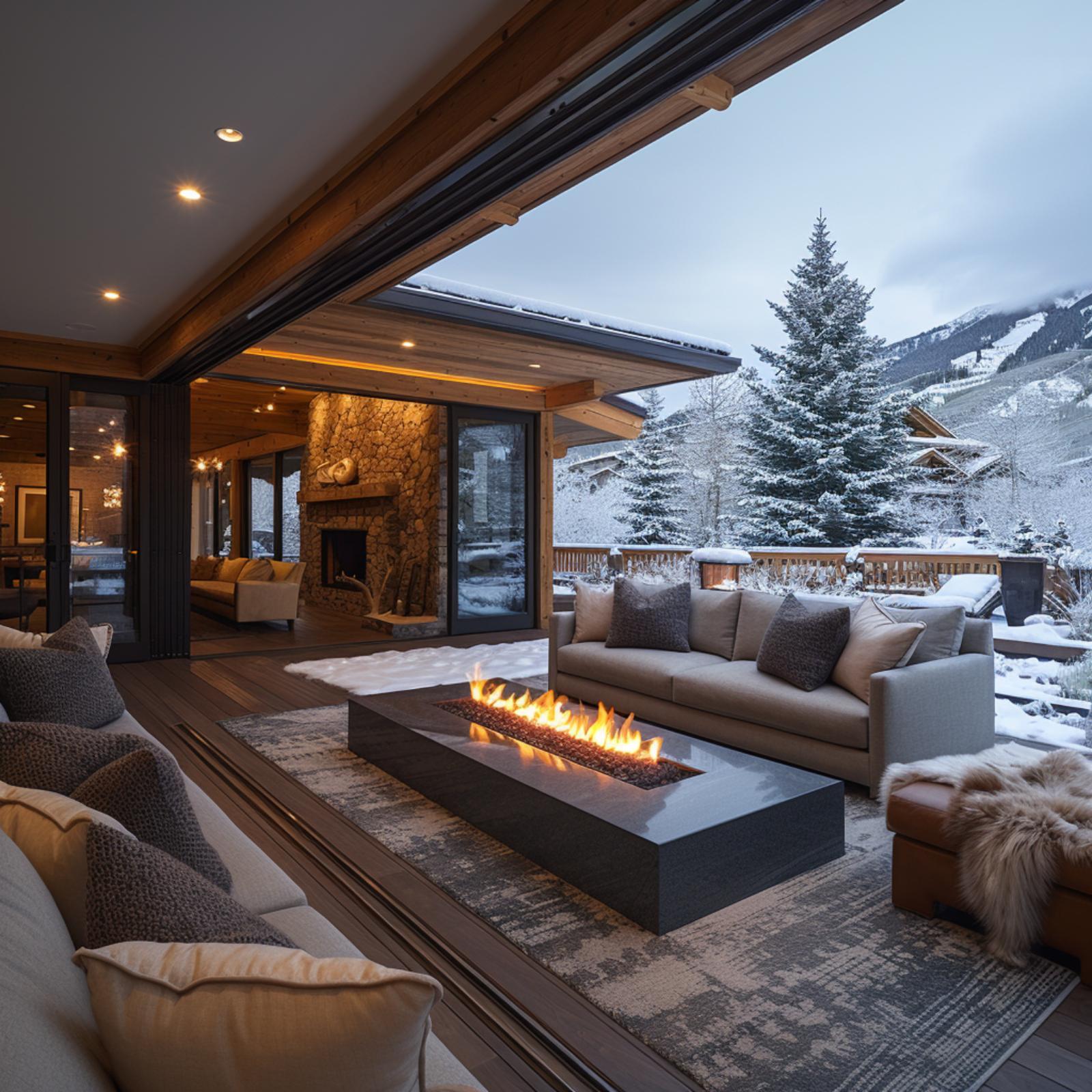 Snow-Dusted Firs, a Linear Fire Table, and Decking That Never Clocked Out