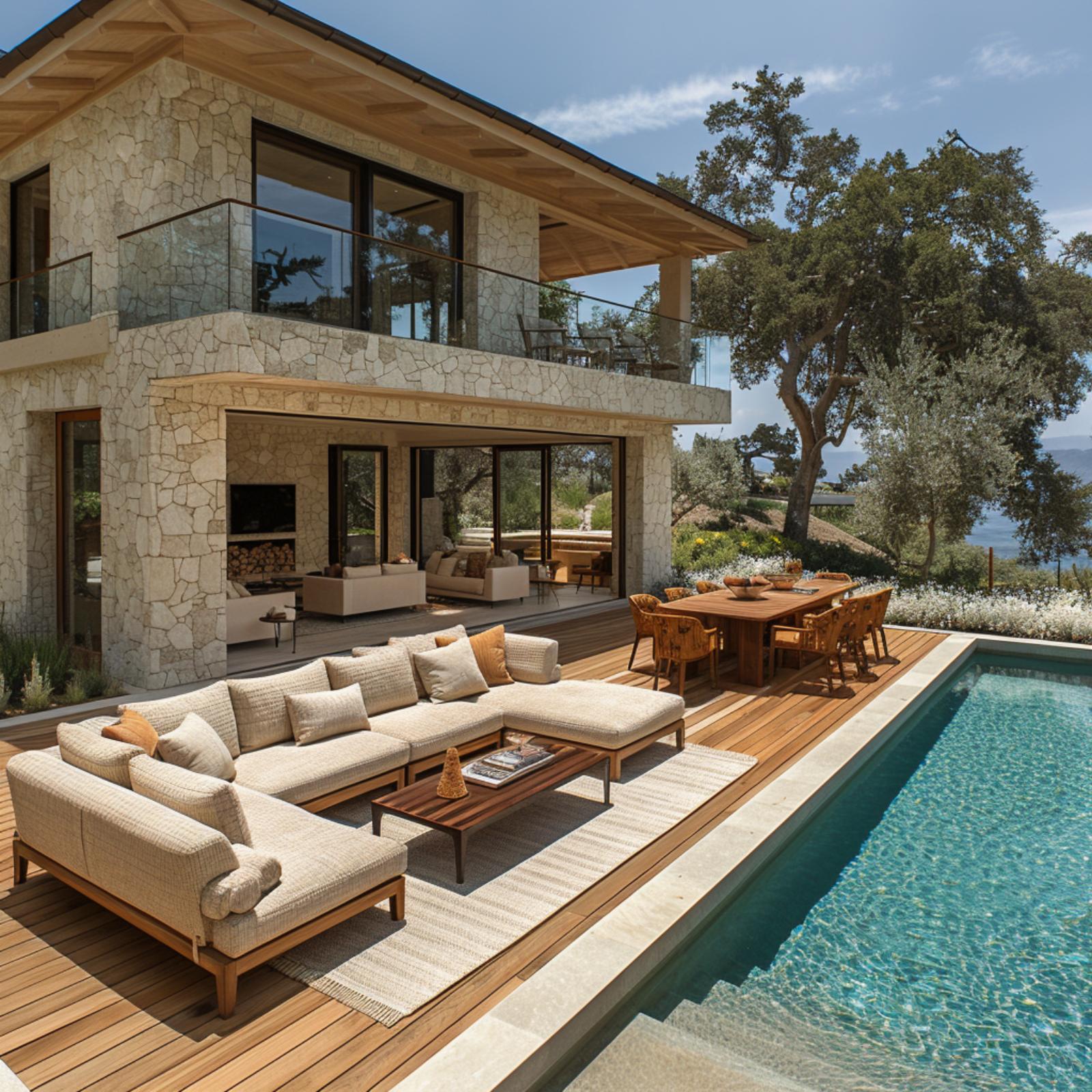 Teak Decking and a Stone Facade That Make the Pool Feel Like the Living Room Floor
