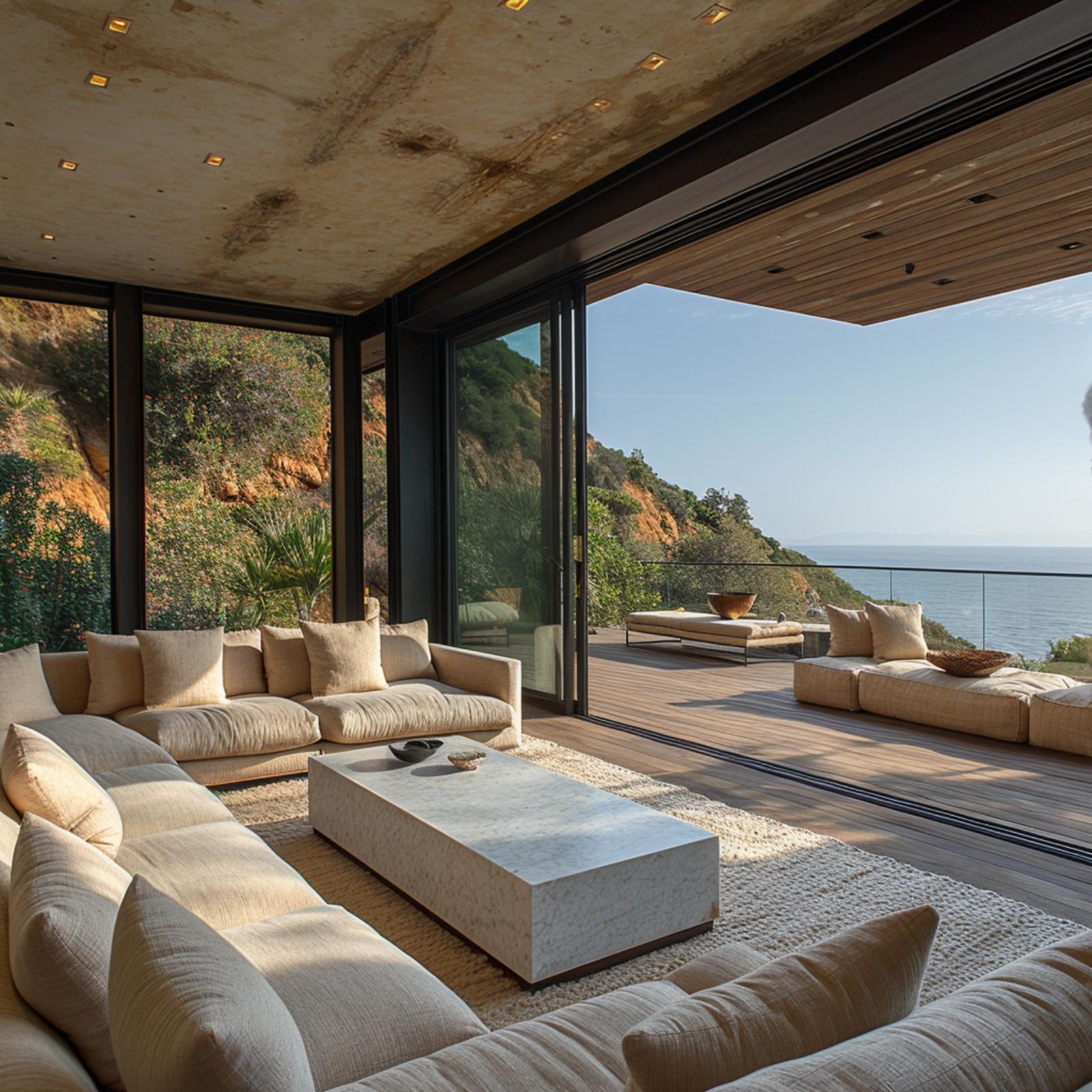 Exposed Concrete Ceiling, Cliffside Views, and Decking That Answers to the Living Room