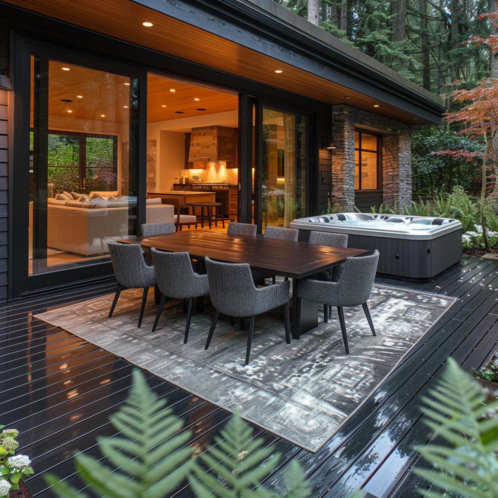 Dark Decking, a Hot Tub, and Dining Chairs That Think They're Inside