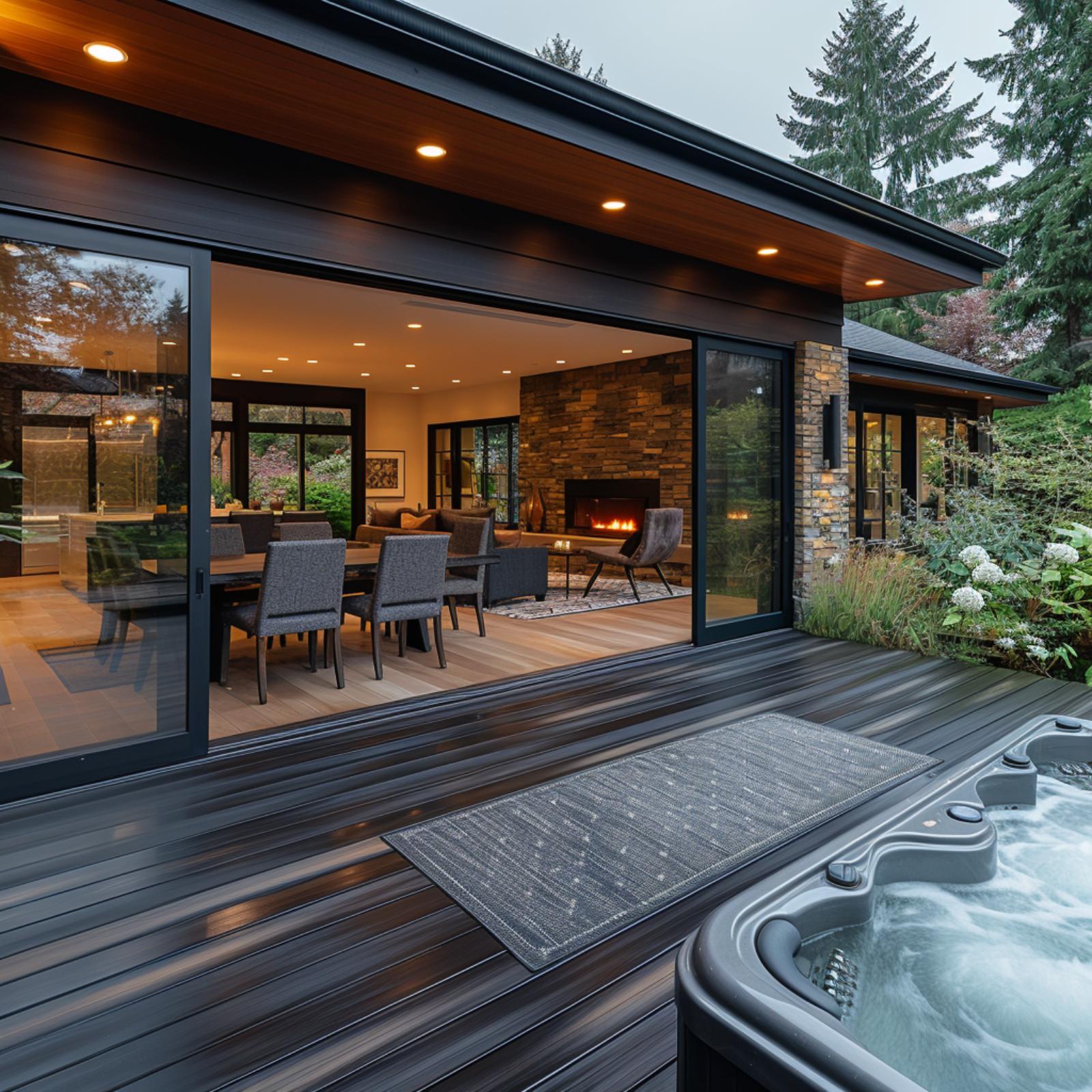 Charcoal Decking, Stone Fireplace Wall, and Sliding Glass That Dissolved the Back Wall
