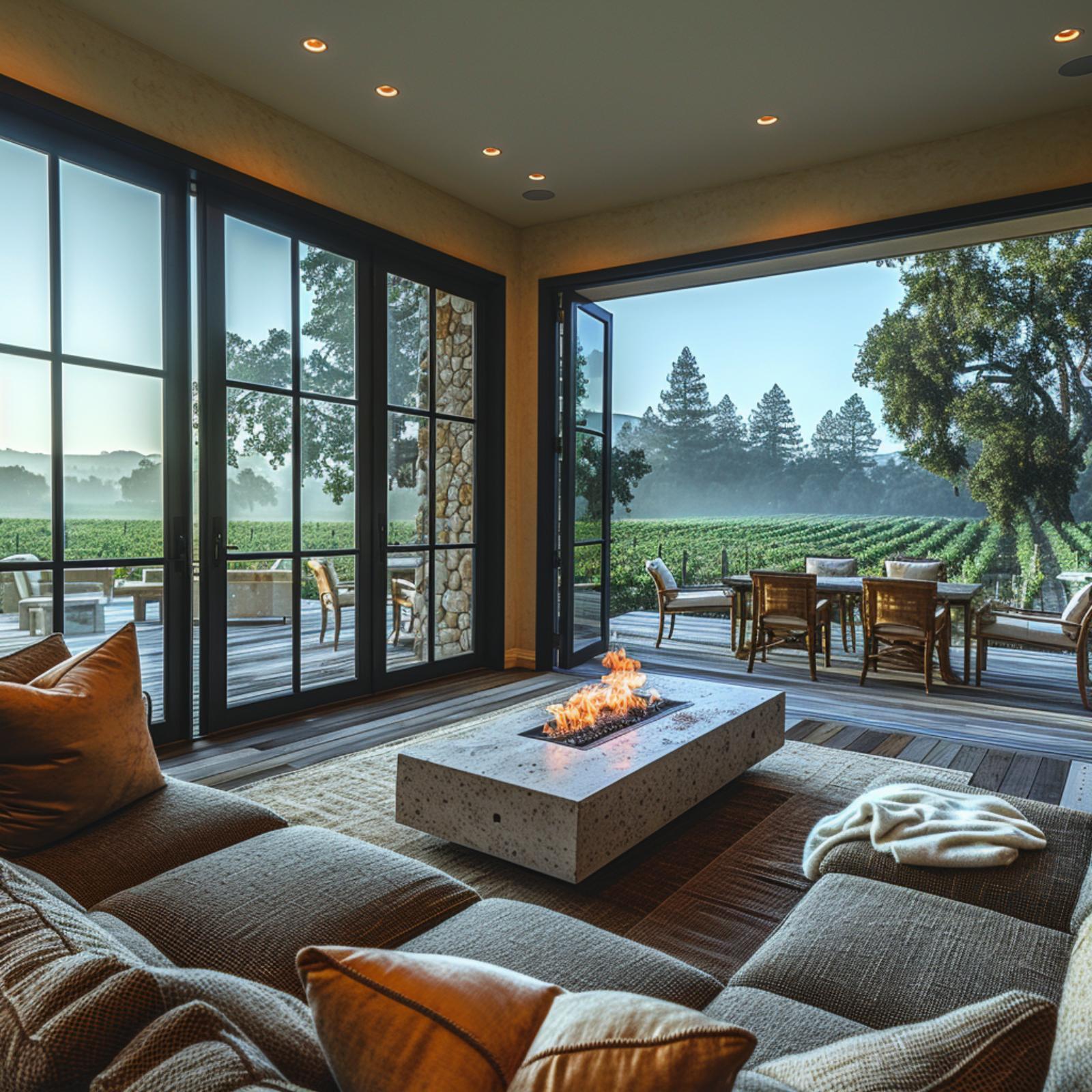 Concrete Fire Table, Open Glass Wall, Vineyard Rows, and Zero Apology for Blurring the Line