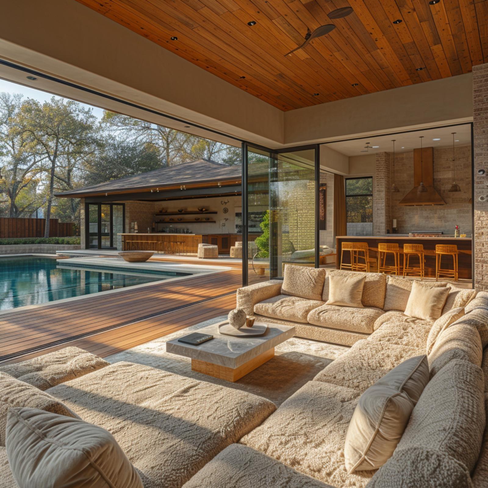 Wood Ceiling, Boucle Sectional, and a Pool Deck That Takes Its Cues from the Living Room