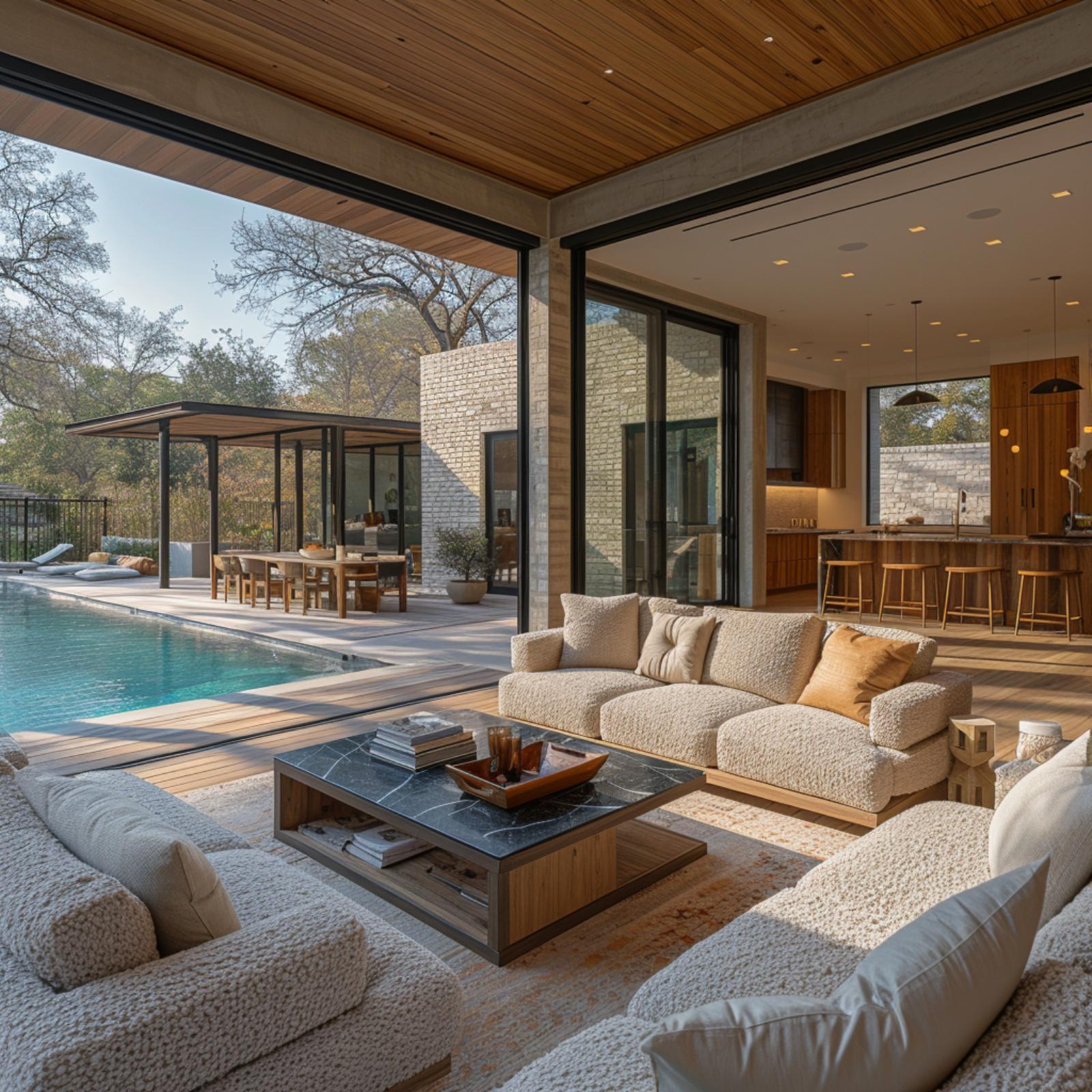 Cedar Ceiling, Boucle Sofas, and a Pool Deck That Answers to the Living Room