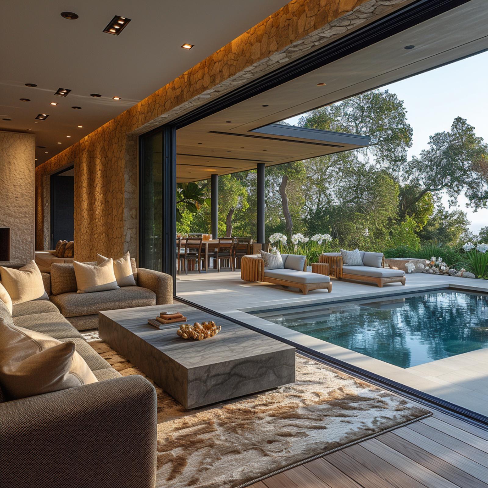 Marble Slab Coffee Table, Stone Walls, and a Pool Deck That Lives Like Interior Square Footage