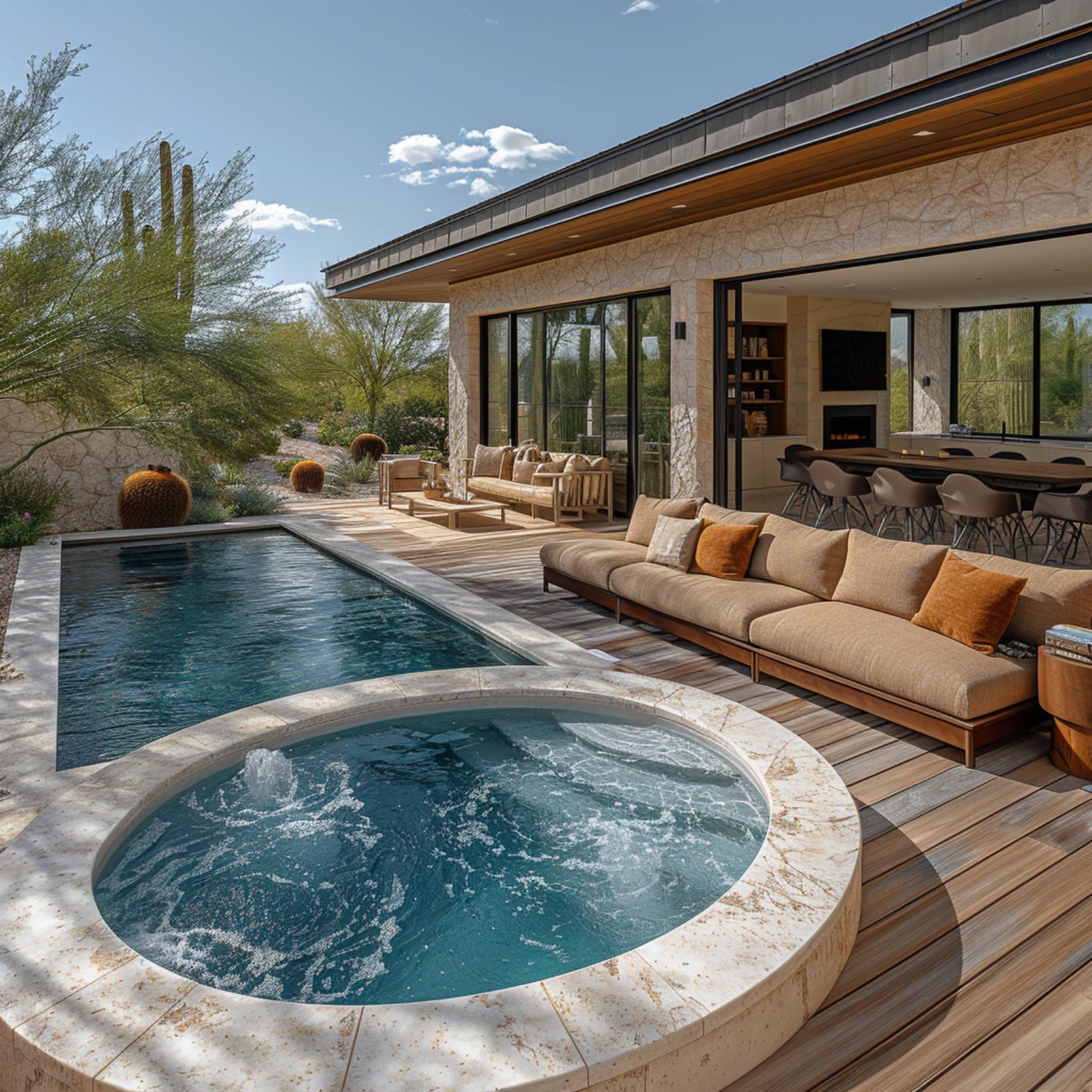Travertine Spa, Teak Decking, and a Sectional That Never Got the Outdoor Memo
