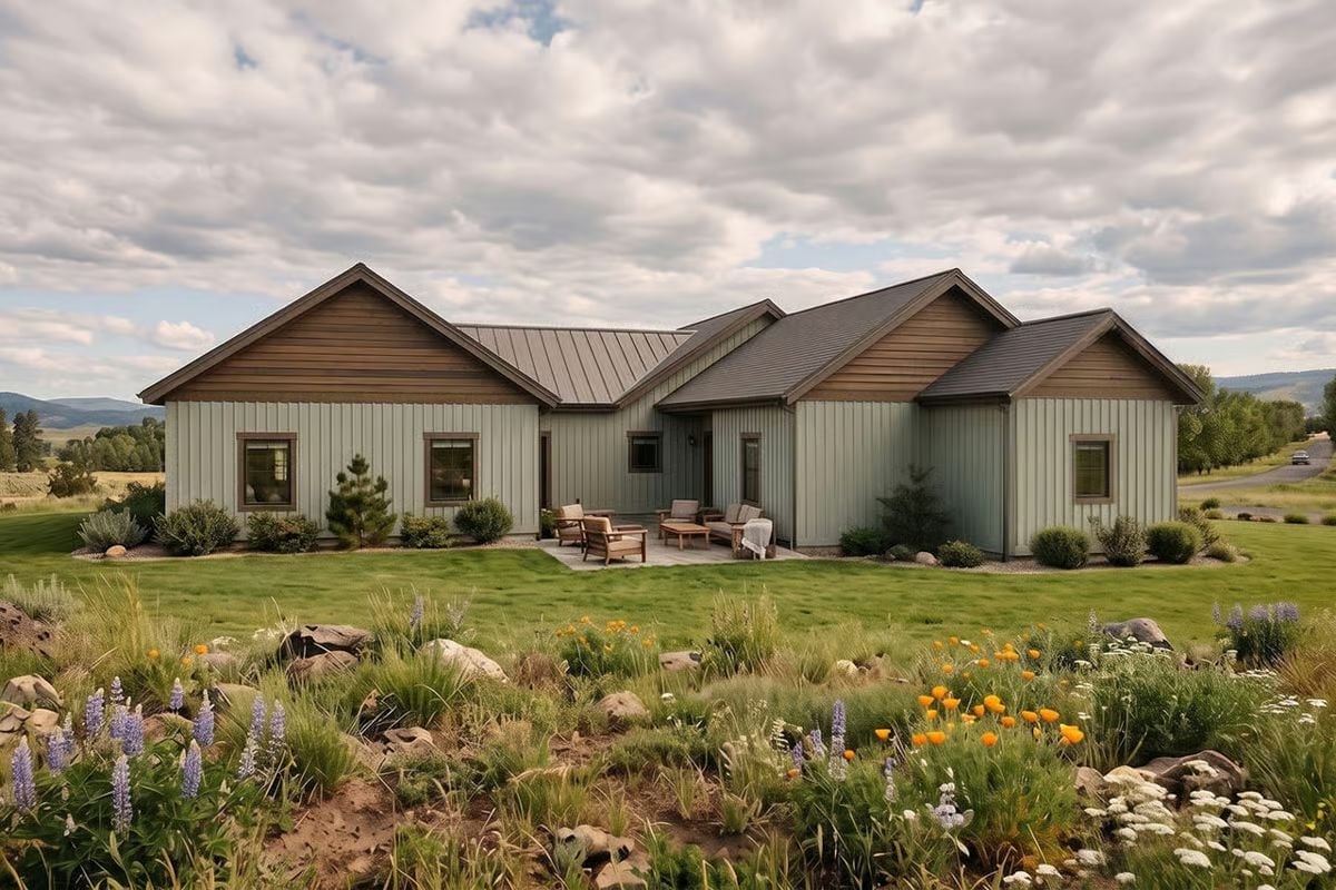 Board-and-Batten Sage Exterior with Wildflower Foreground and Open Patio