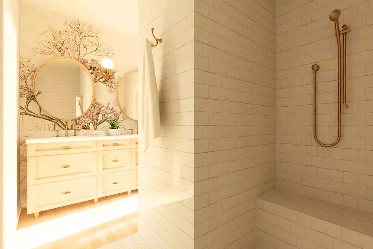 Botanical Wallpaper and Brass Fixtures Make This Bathroom Feel Collected, Not Decorated