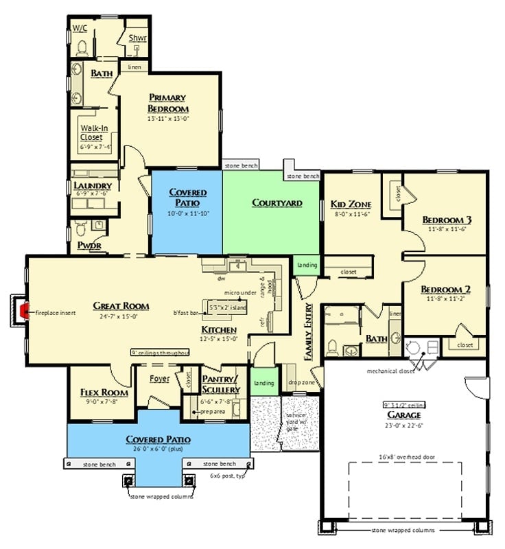 Floor Plan - Juniper Bend 3-Bedroom Modern Country Ranch with Courtyard Designed for Young Families on a Real Budget