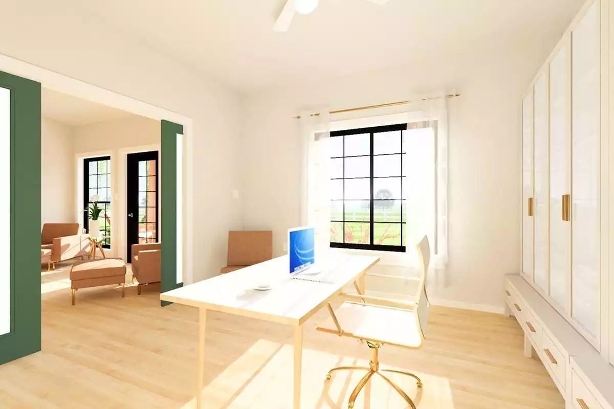 Gold Accents, Warm Wood Floors, and a Desk That Faces the Light