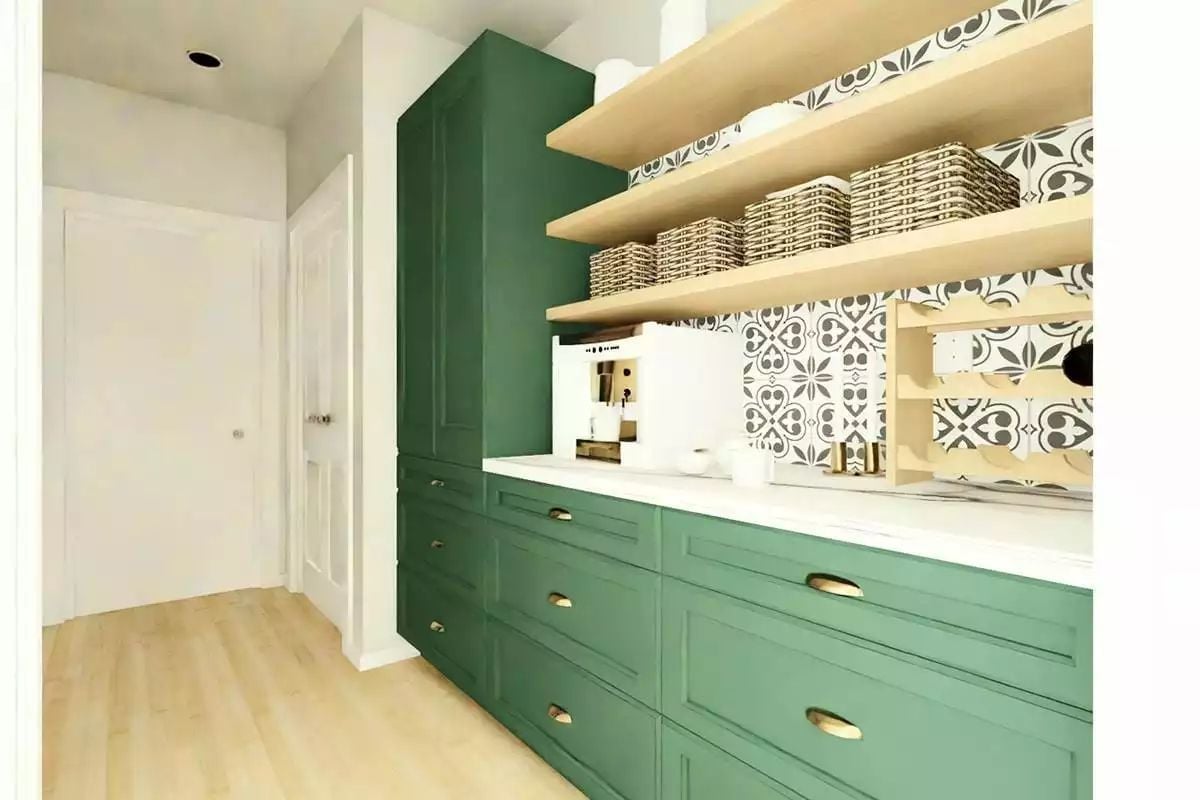 Green Cabinetry, Patterned Tile, and Open Shelving Make This Pantry Worth Showing Off