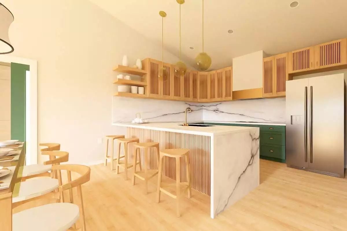 Marble Waterfall Island, Green Cabinetry, and Slatted Wood That Actually Works Together