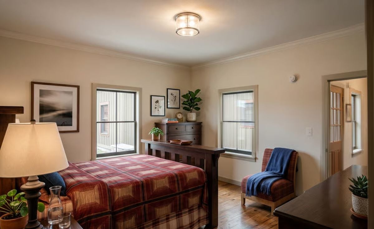 Plaid Bedding and Dark Wood Frames a Bedroom That Earns Its Warmth