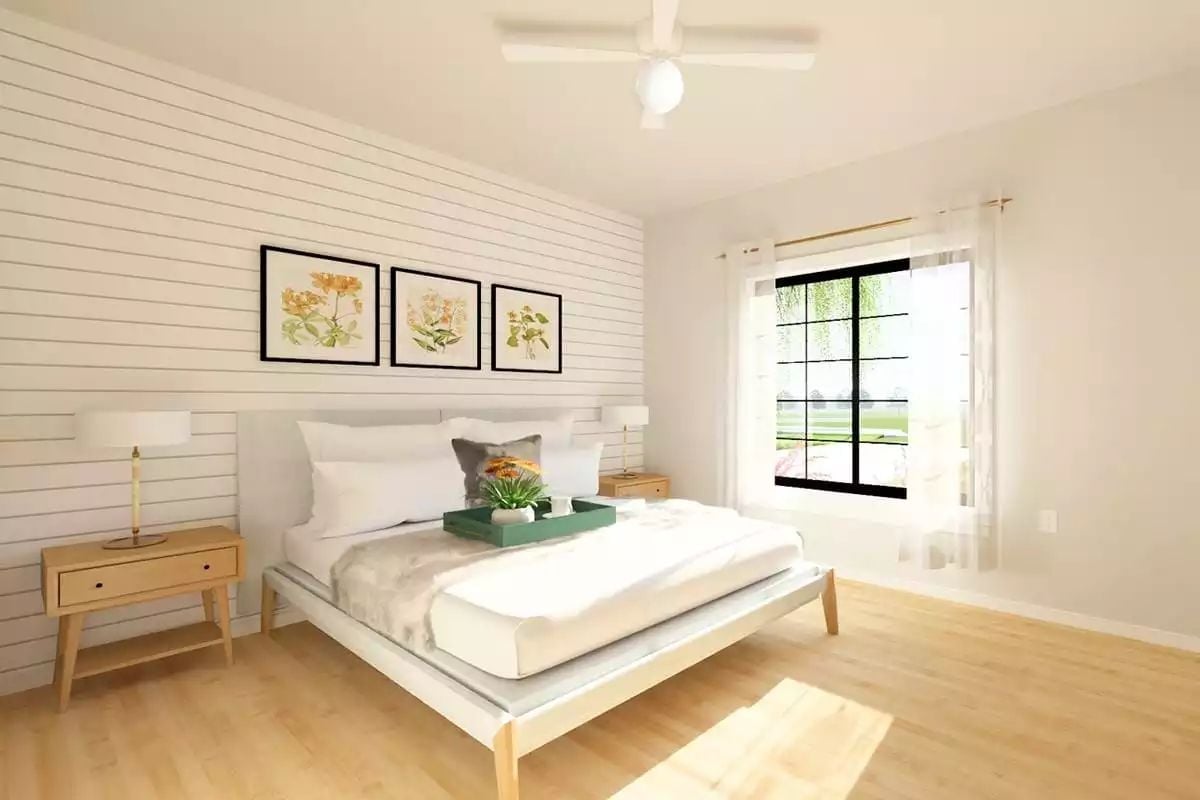 Shiplap Accent Wall, Platform Bed, and Botanical Prints Pull It Together