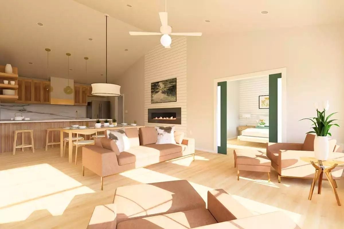 Warm Tones and a Linear Fireplace Anchor This Open-Plan Living Space