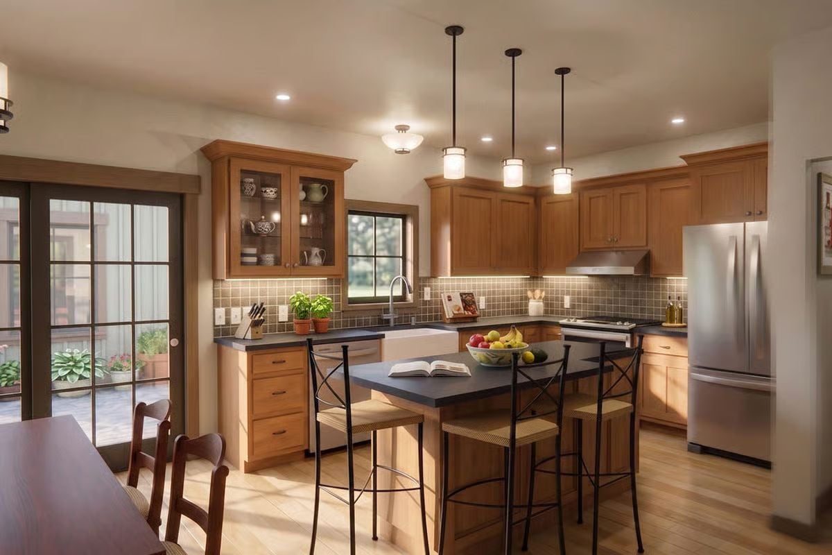 Warm Wood Cabinetry and a Black Island Make Budget Kitchens Look Earned