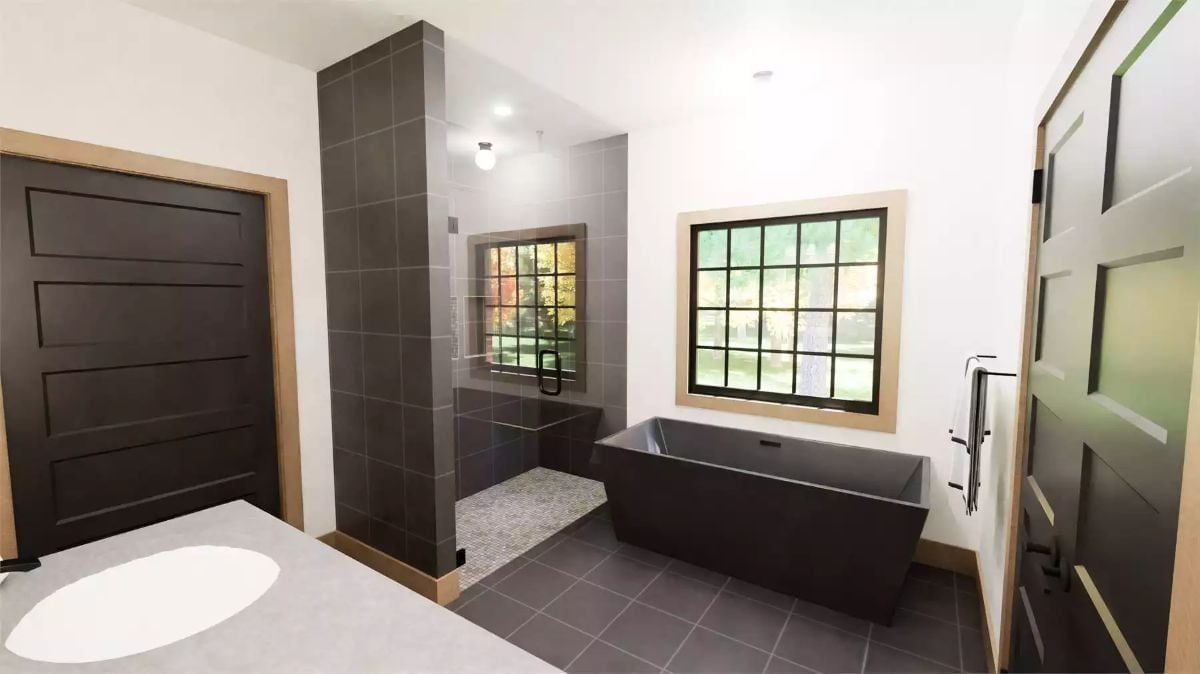 Dark Soaking Tub, Open Shower, and Two Windows That Do the Heavy Lifting