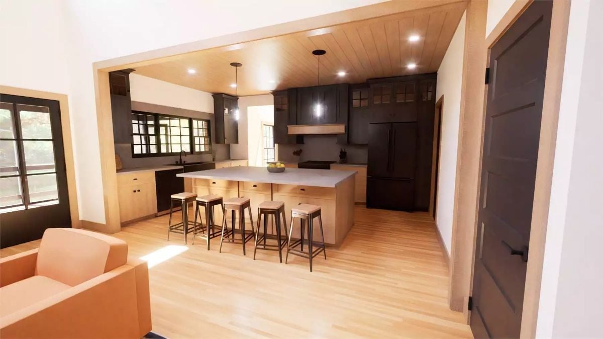 Pale Maple Island, Dark Uppers, Wood Ceiling That Ties It Together