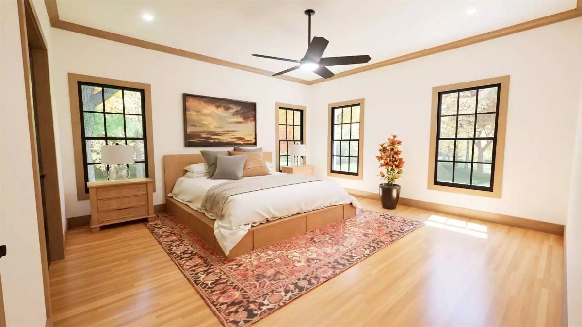 Warm Maple Bed Frame, Persian Rug, and Four Windows That Pull It All Together