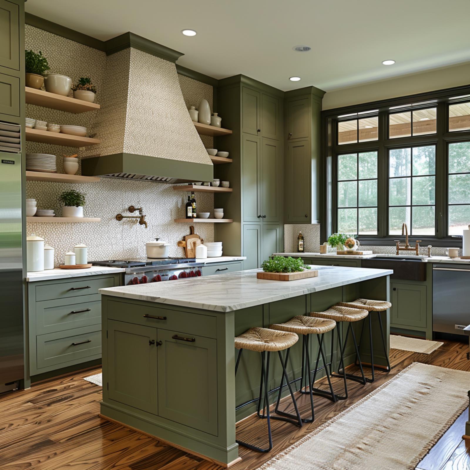 Warm Wood Shelves, a Textured Hood, and Green Cabinets That Commit