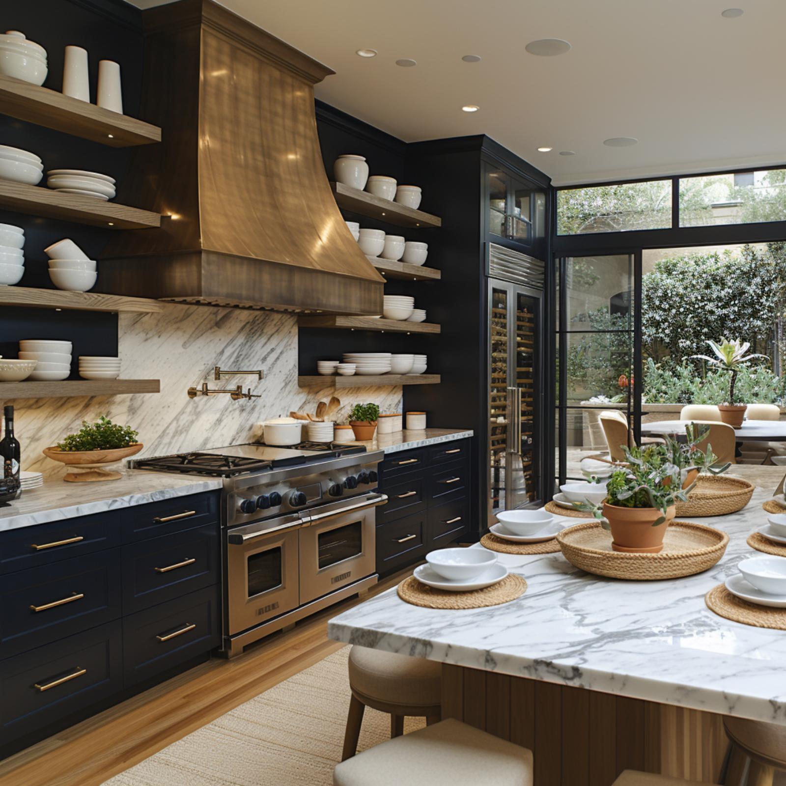 Dark Cabinets, a Bronze Hood, and Open Shelves Loaded With White Ceramics