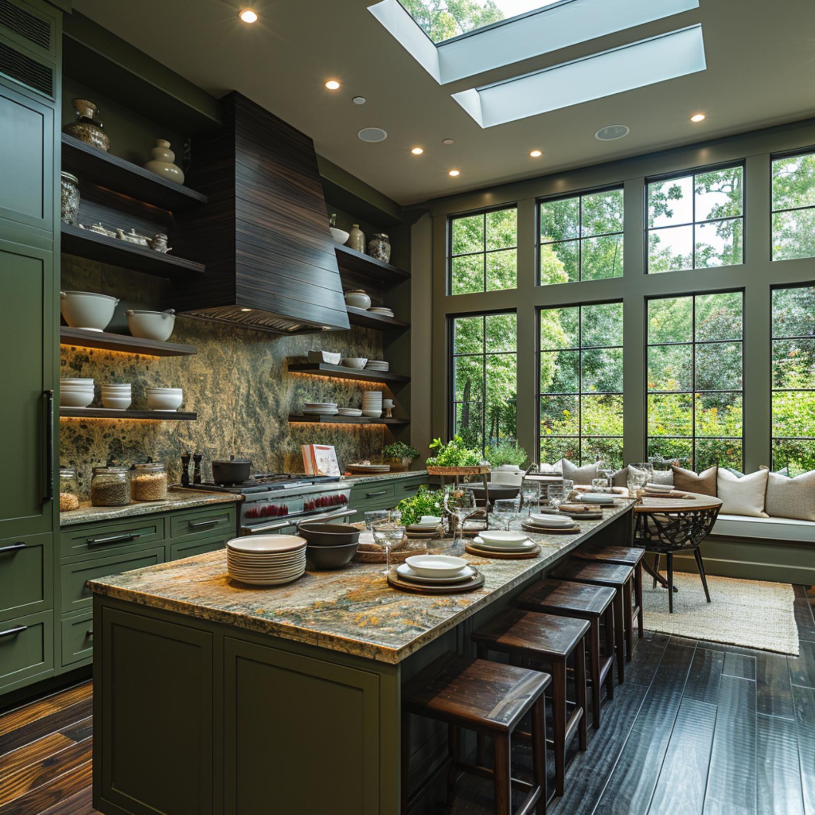 Forest Green Cabinets, a Wood Hood, and Open Shelves That Refuse to Apologize