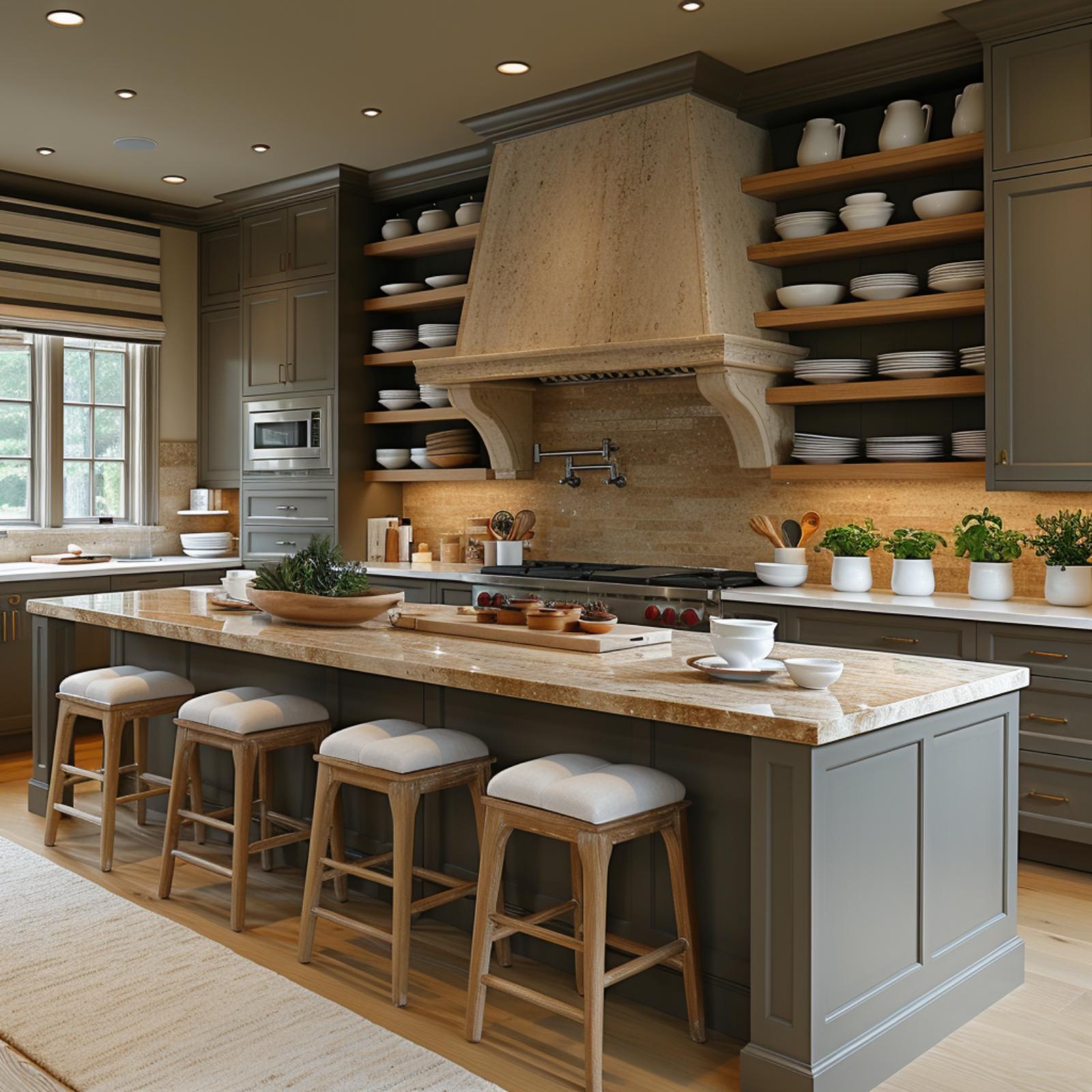 Stone Hood, Open Shelves, and Gray Cabinets That Know Exactly What They're Doing
