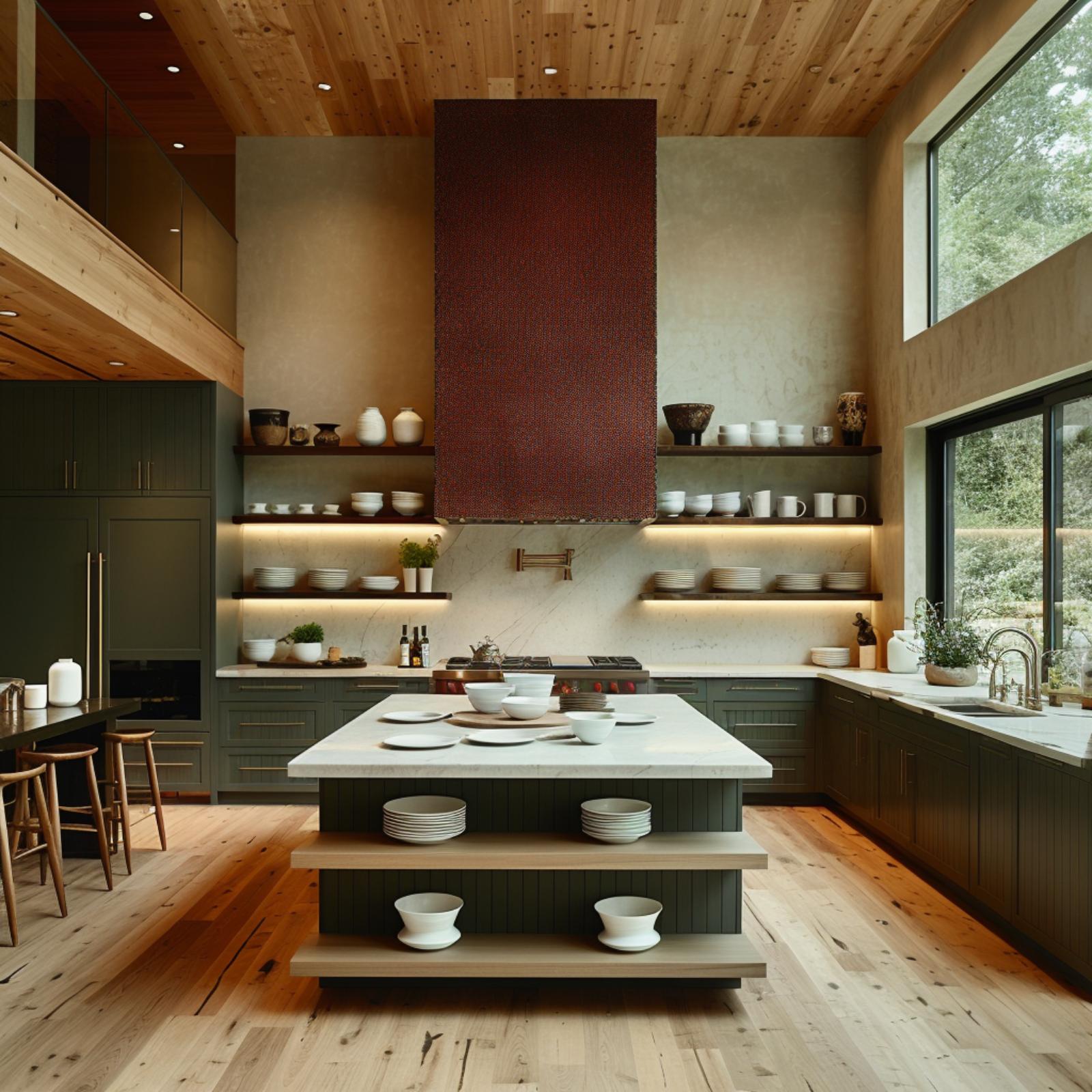 Dark Red Hood, Forest Green Cabinets, and Open Shelves That Earn Every Inch