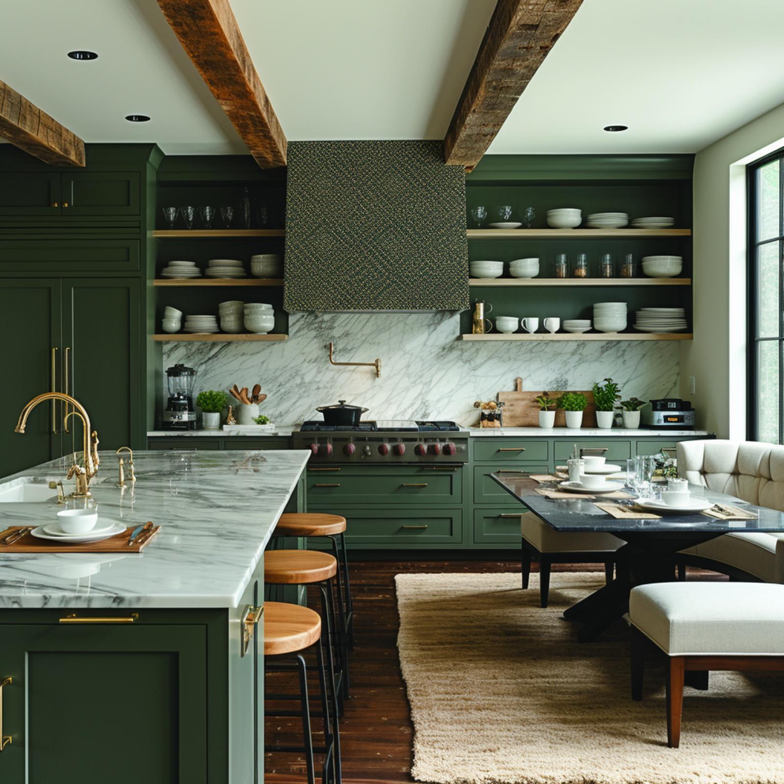 Deep Green Cabinets, Marble Everywhere, and Open Shelves That Actually Stay Organized