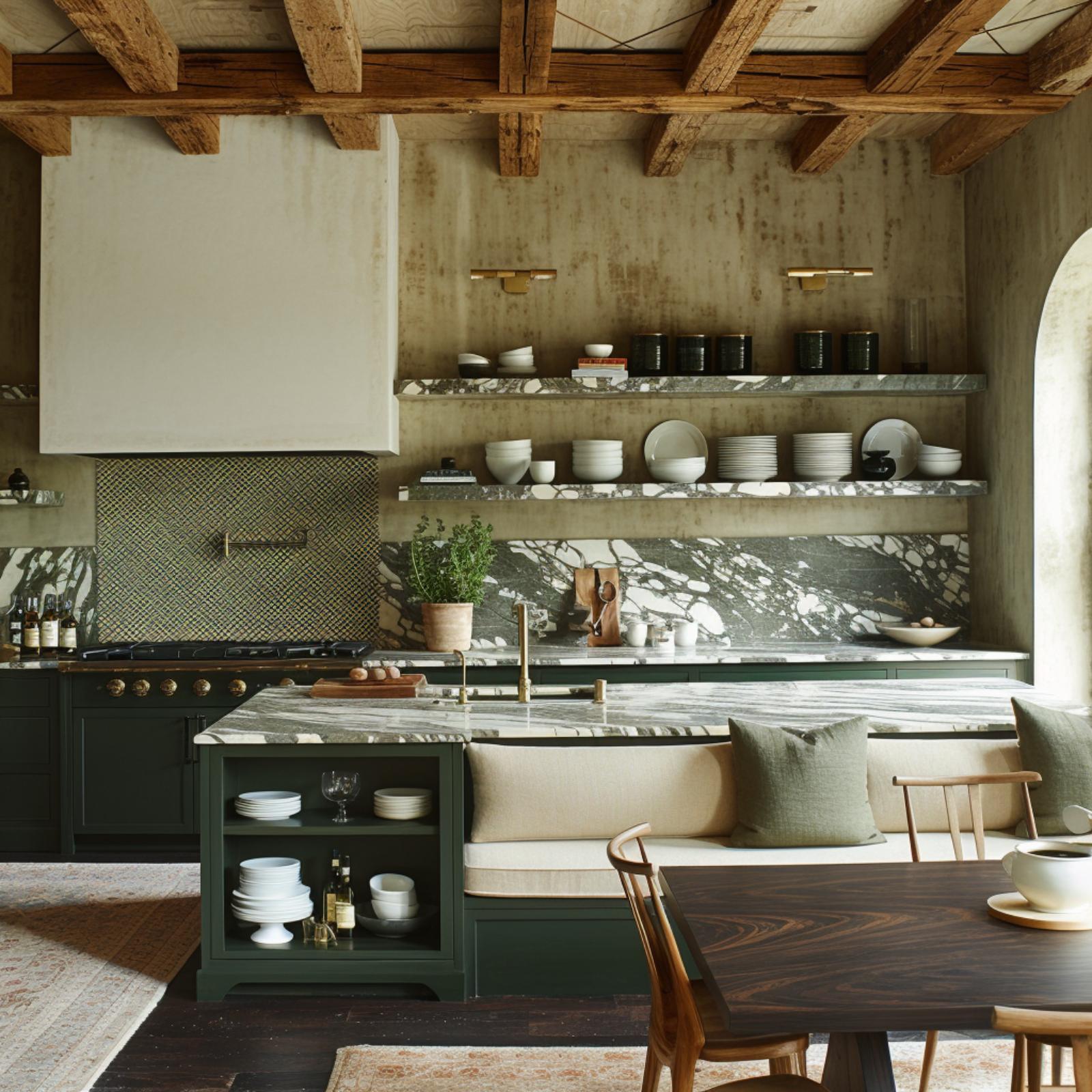 Marble Shelves, a Plaster Hood, and Dark Green Cabinets That Pull the Whole Room Together