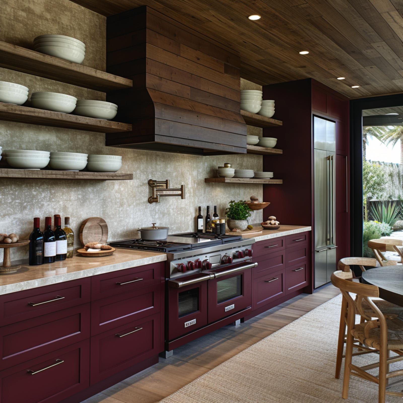 Burgundy Cabinets, Reclaimed Wood Overhead, and Open Shelves That Mean Business