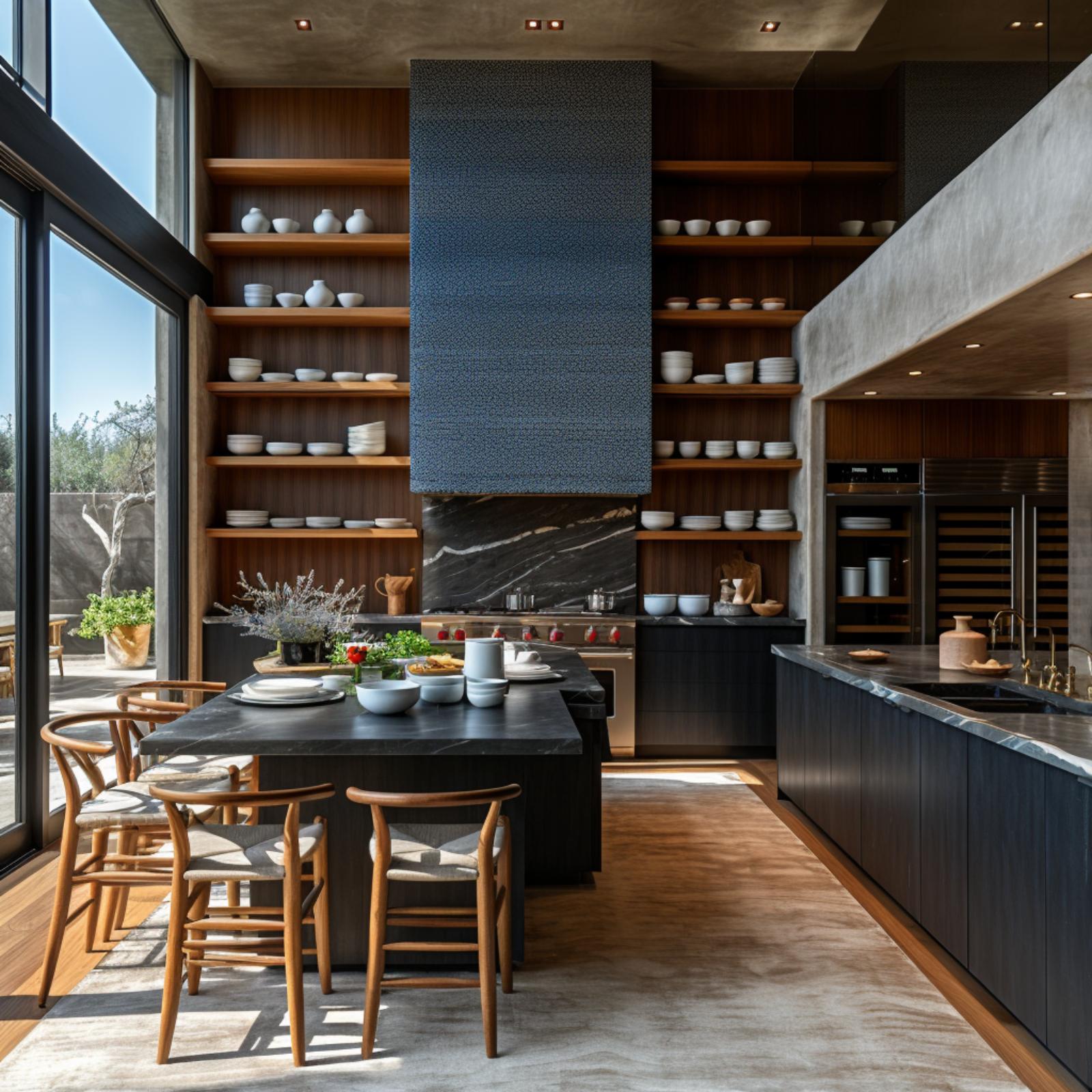 Walnut Shelves, a Blue Textured Hood, and Black Stone That Holds Its Own