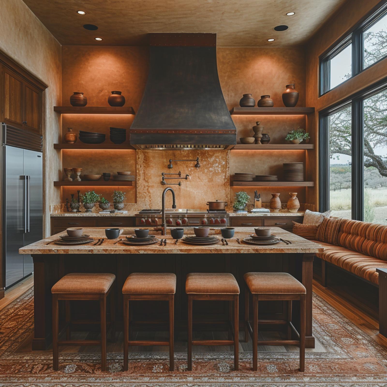 Russet Plaster Walls, a Patinated Hood, and Open Shelves That Earn the Warmth