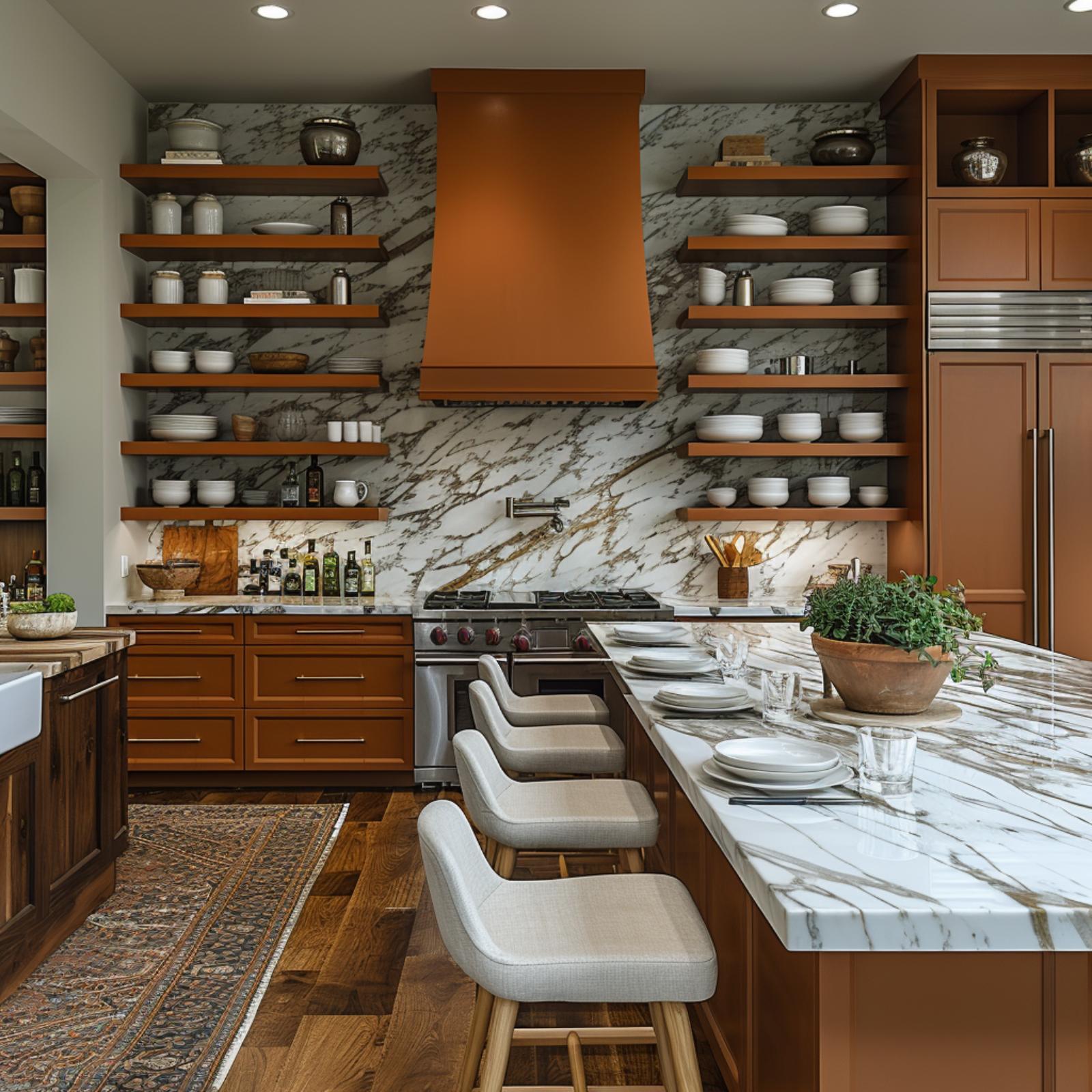 Terracotta Cabinets, a Marble Backsplash, and Open Shelves That Actually Earn the Wall Space