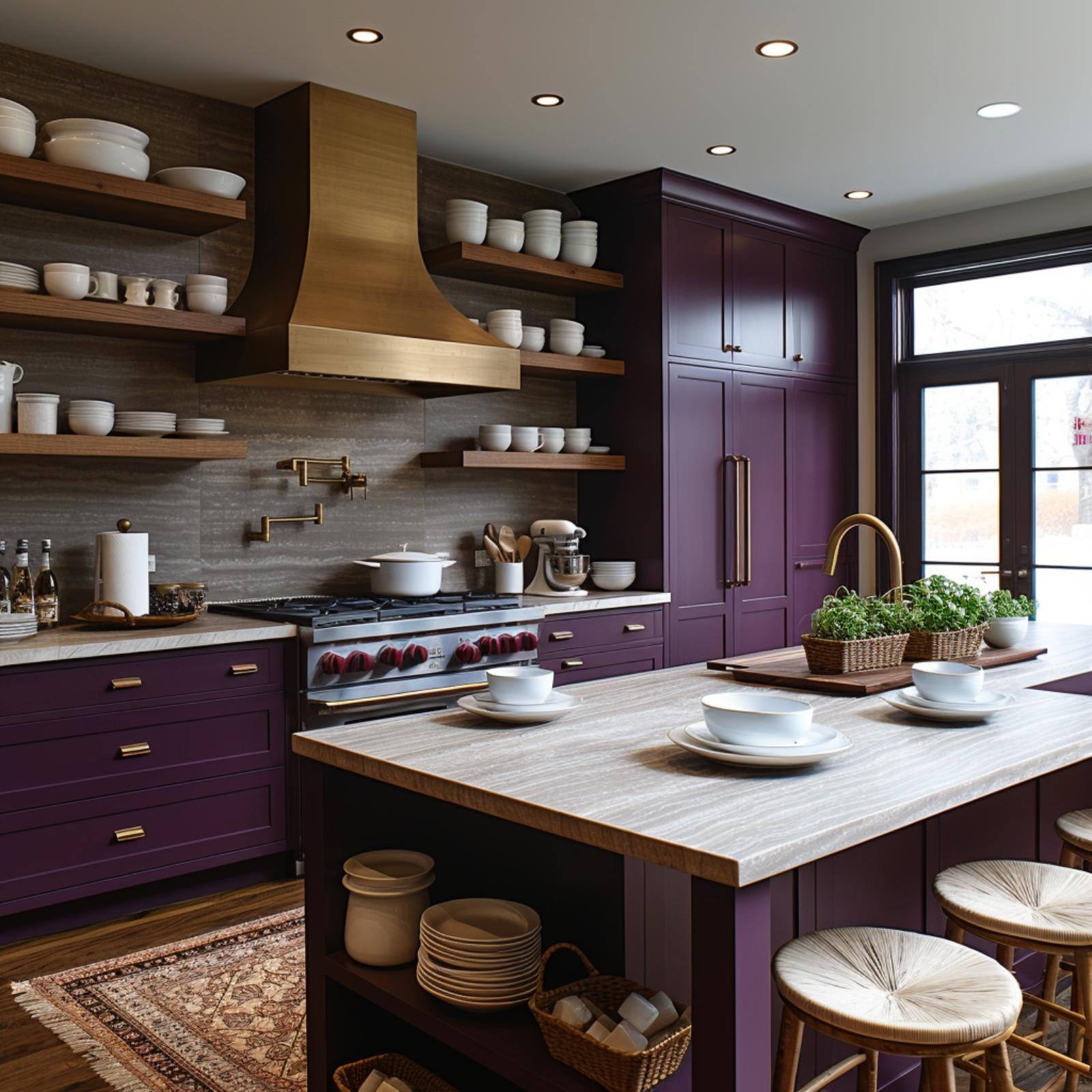 Plum Cabinets, a Brass Hood, and Open Shelves That Don't Apologize for Either