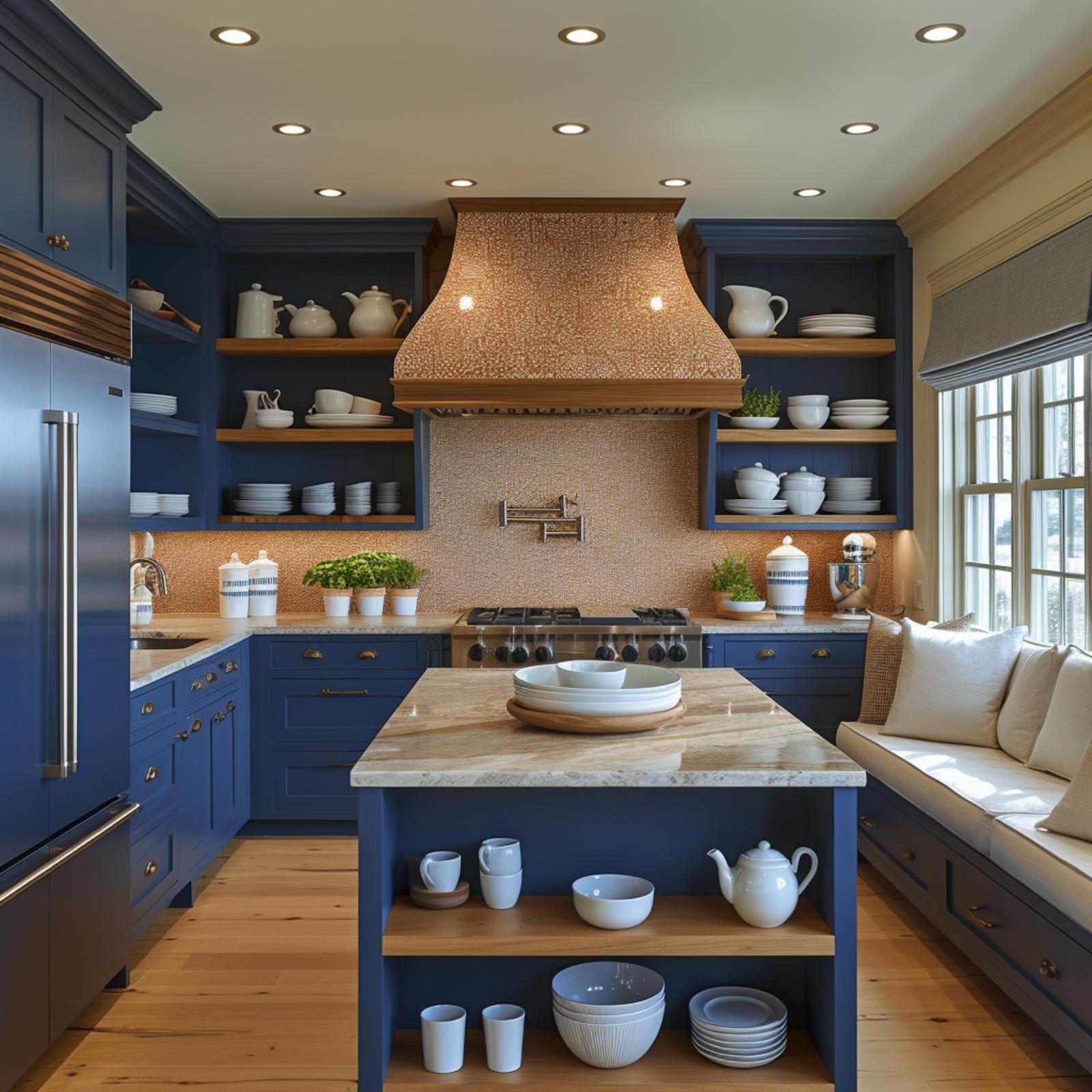 Navy Cabinets, a Copper Mosaic Hood, and Open Shelves That Pull Their Weight