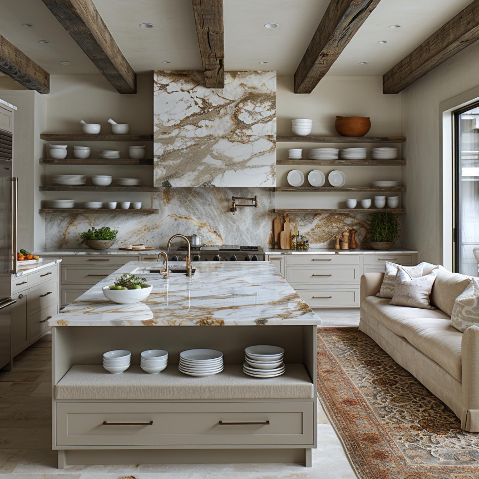 Reclaimed Beams, Gold-Veined Marble, and Open Shelves That Keep Their Composure
