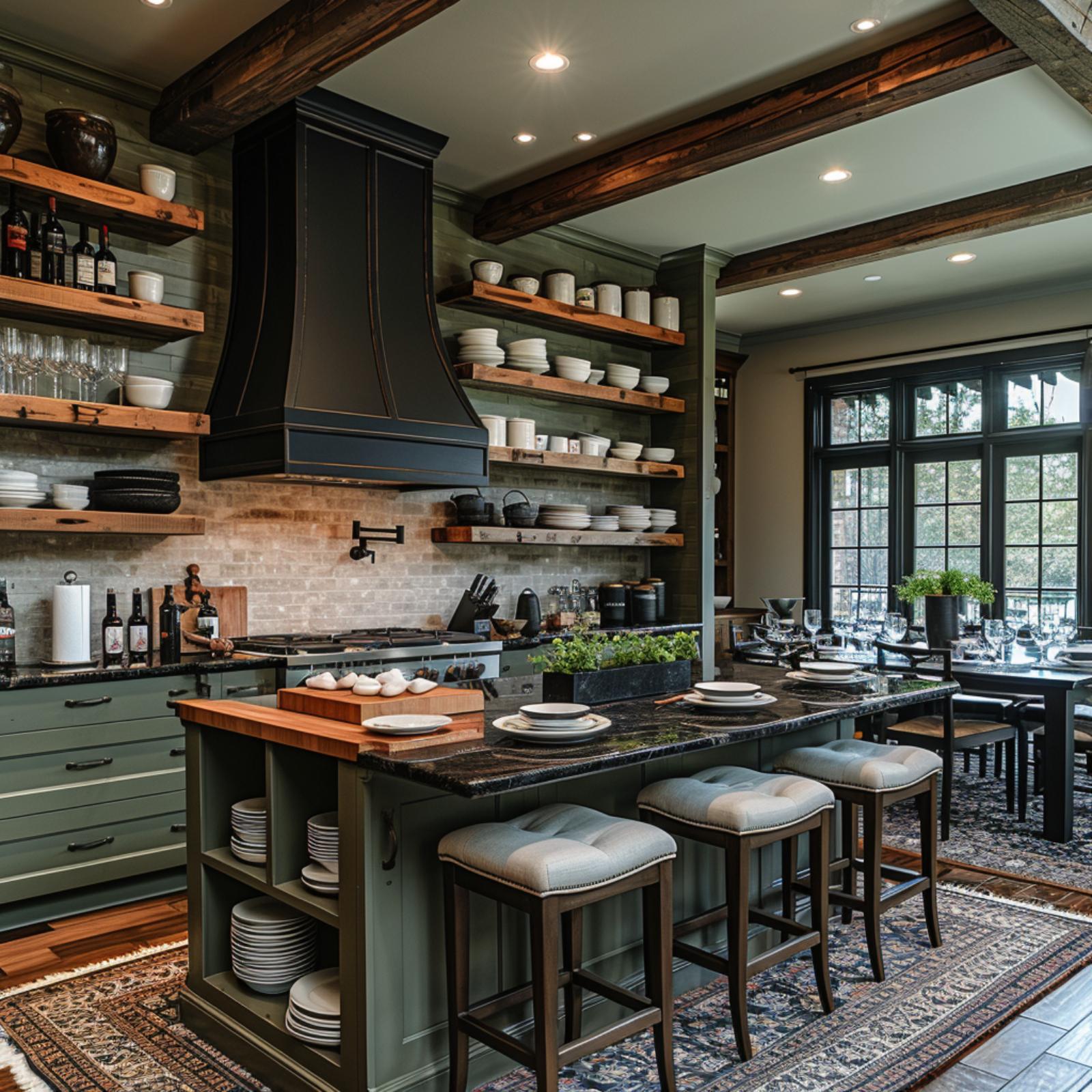 Sage Cabinets, Exposed Beams, and a Matte Black Hood That Anchors Every Shelf Above It