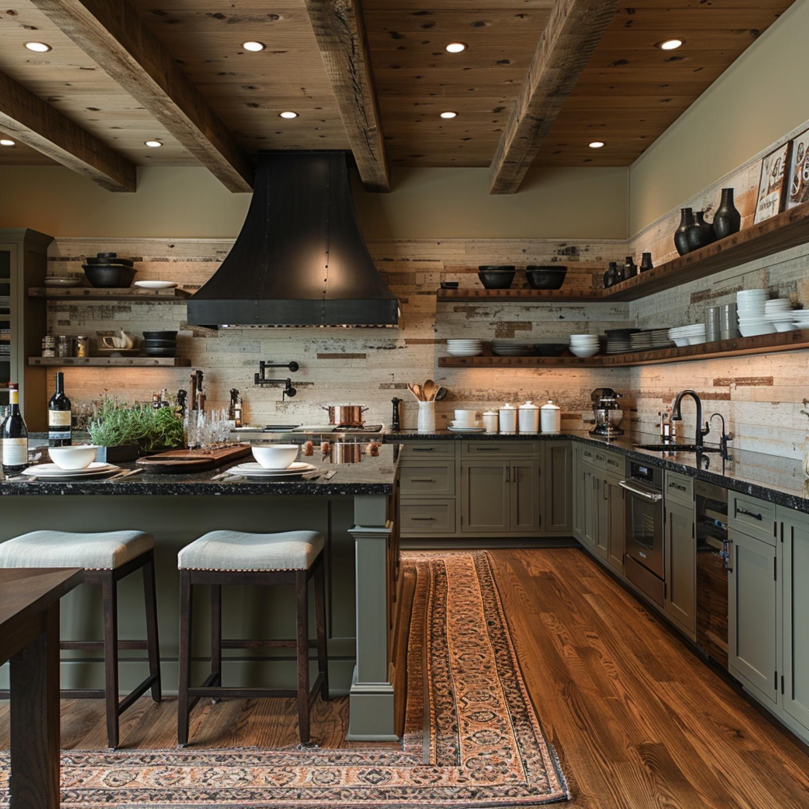 Reclaimed Wood Ceiling, a Matte Black Hood, and Open Shelves That Refuse to Compete