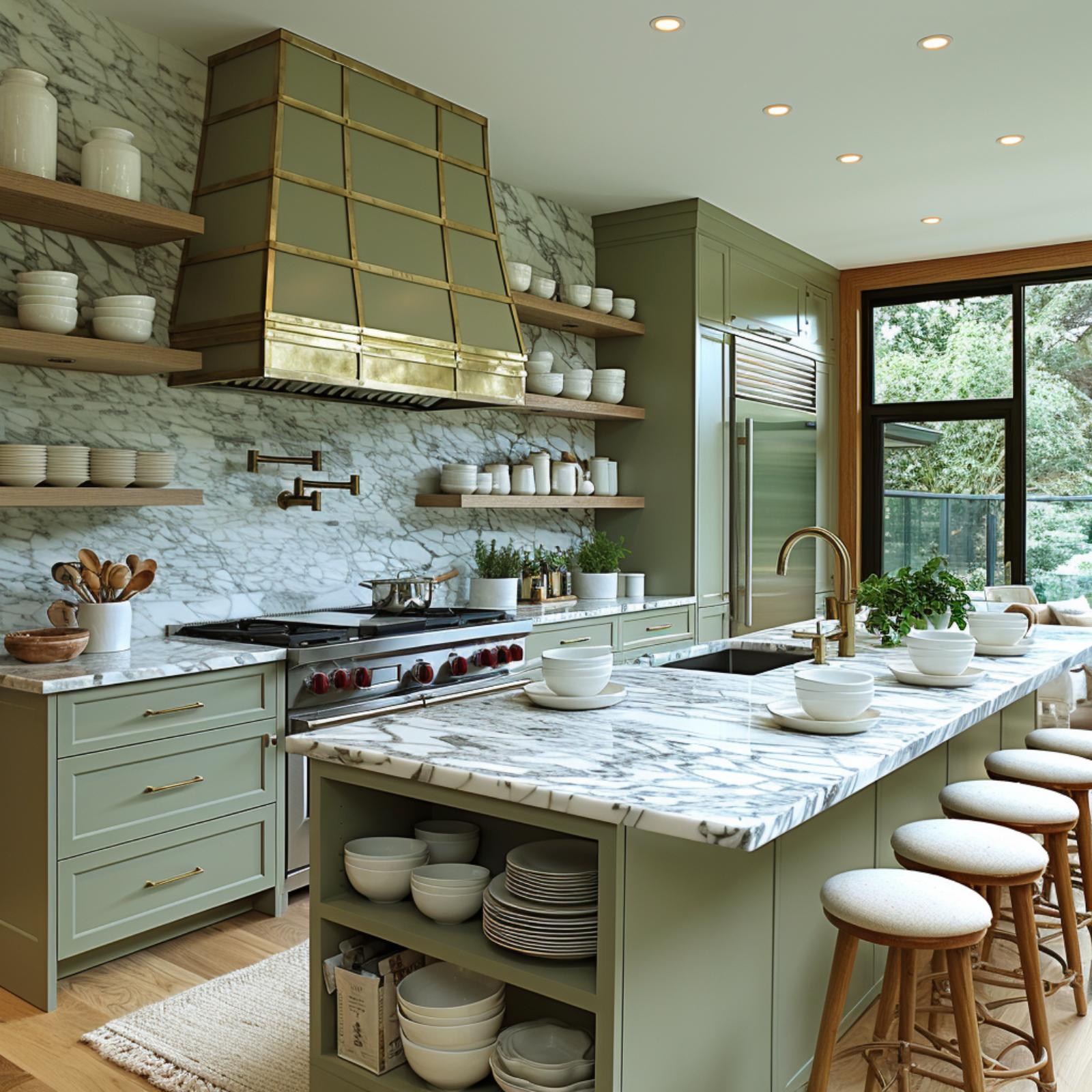 Sage Cabinets, Brass Hood, Marble Everywhere: Open Shelving Earns Its Keep