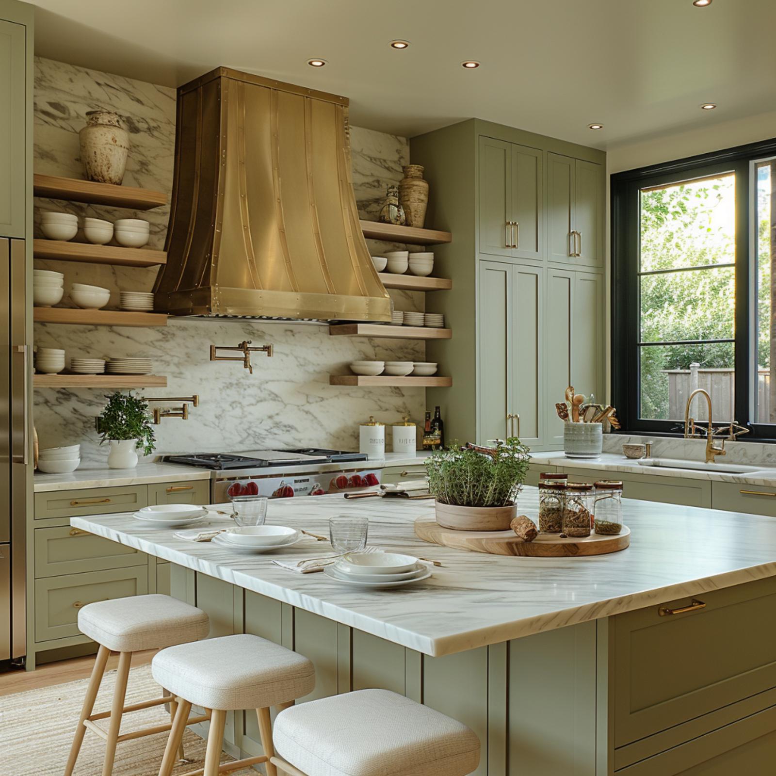 Olive Cabinets, a Brass Hood, and Open Shelves That Actually Pull Their Weight