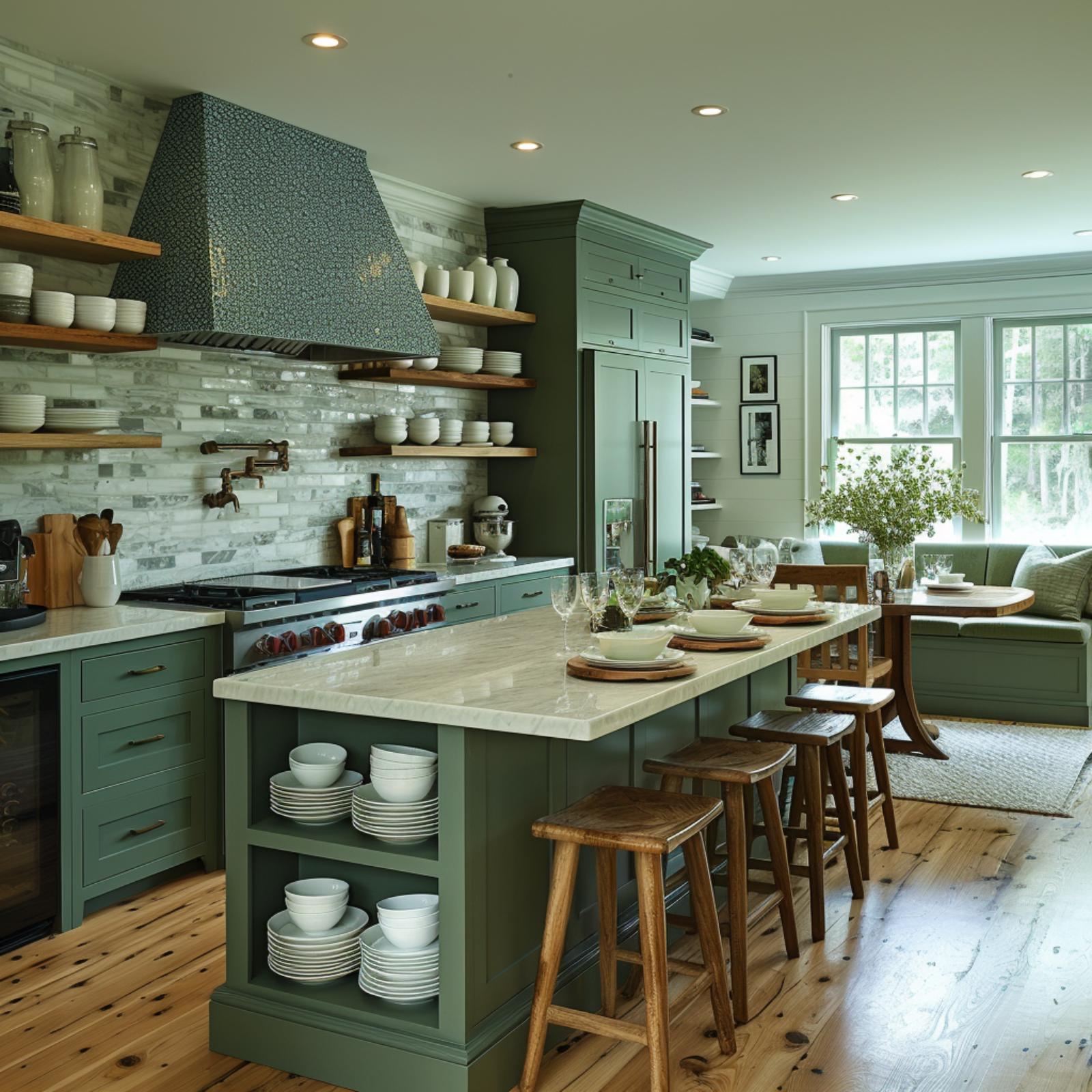 Open Shelves, Painted Island, Mosaic Backsplash: Green Done With Conviction